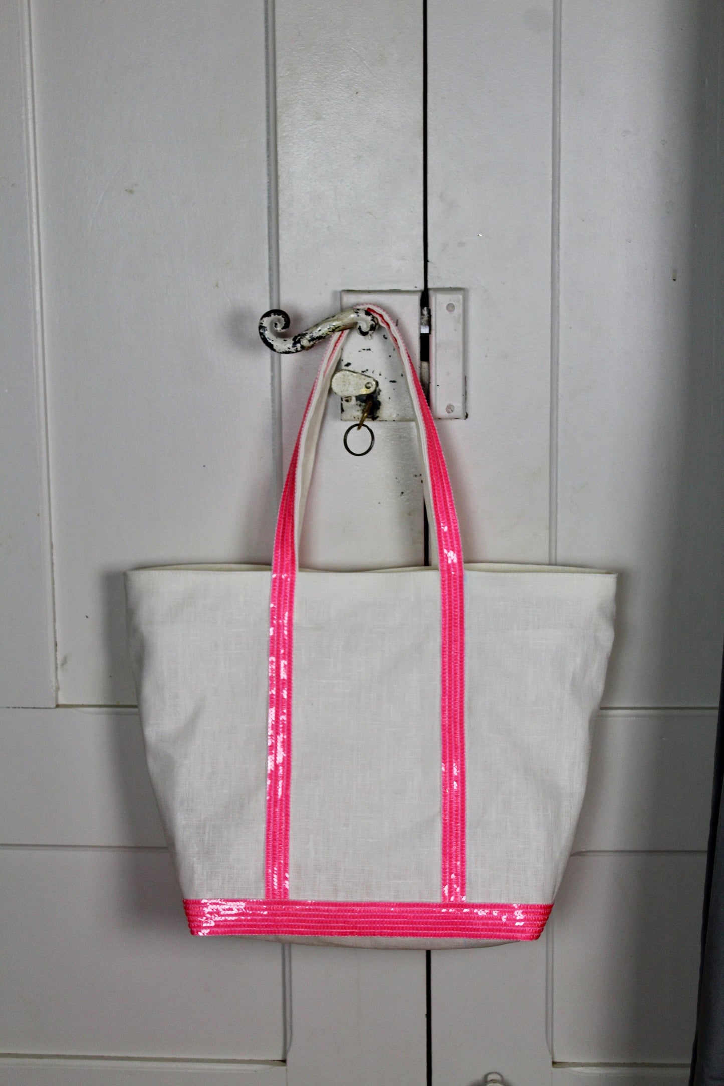 Sac en lin blanc enduit blanc avec sequins rose fluo, sac de plage en lin waterproof avec paillettes, sac à main porté épaule pour l'été