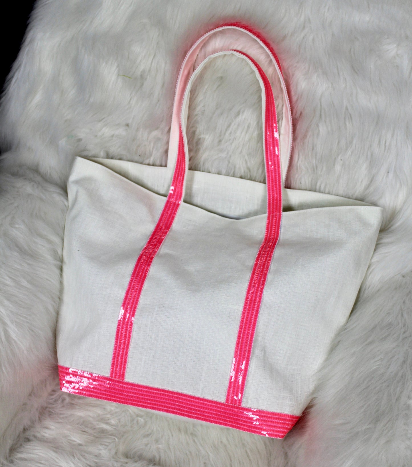 White coated linen bag with neon pink sequins, waterproof linen beach bag with sequins, shoulder handbag for summer