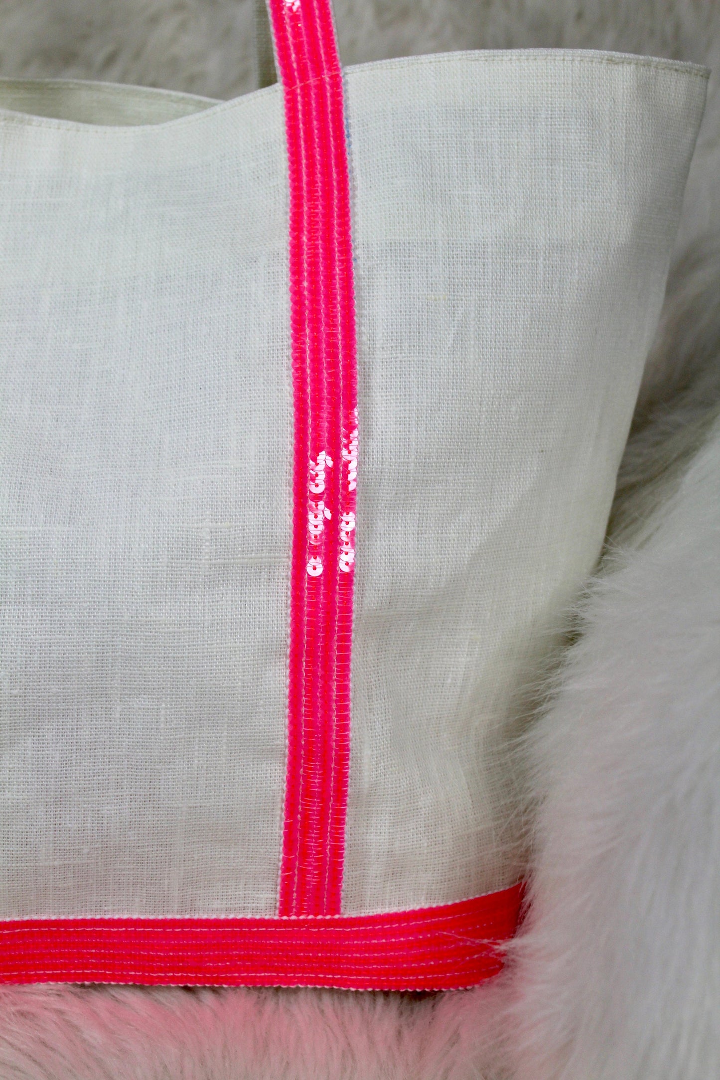 White coated linen bag with neon pink sequins, waterproof linen beach bag with sequins, shoulder handbag for summer