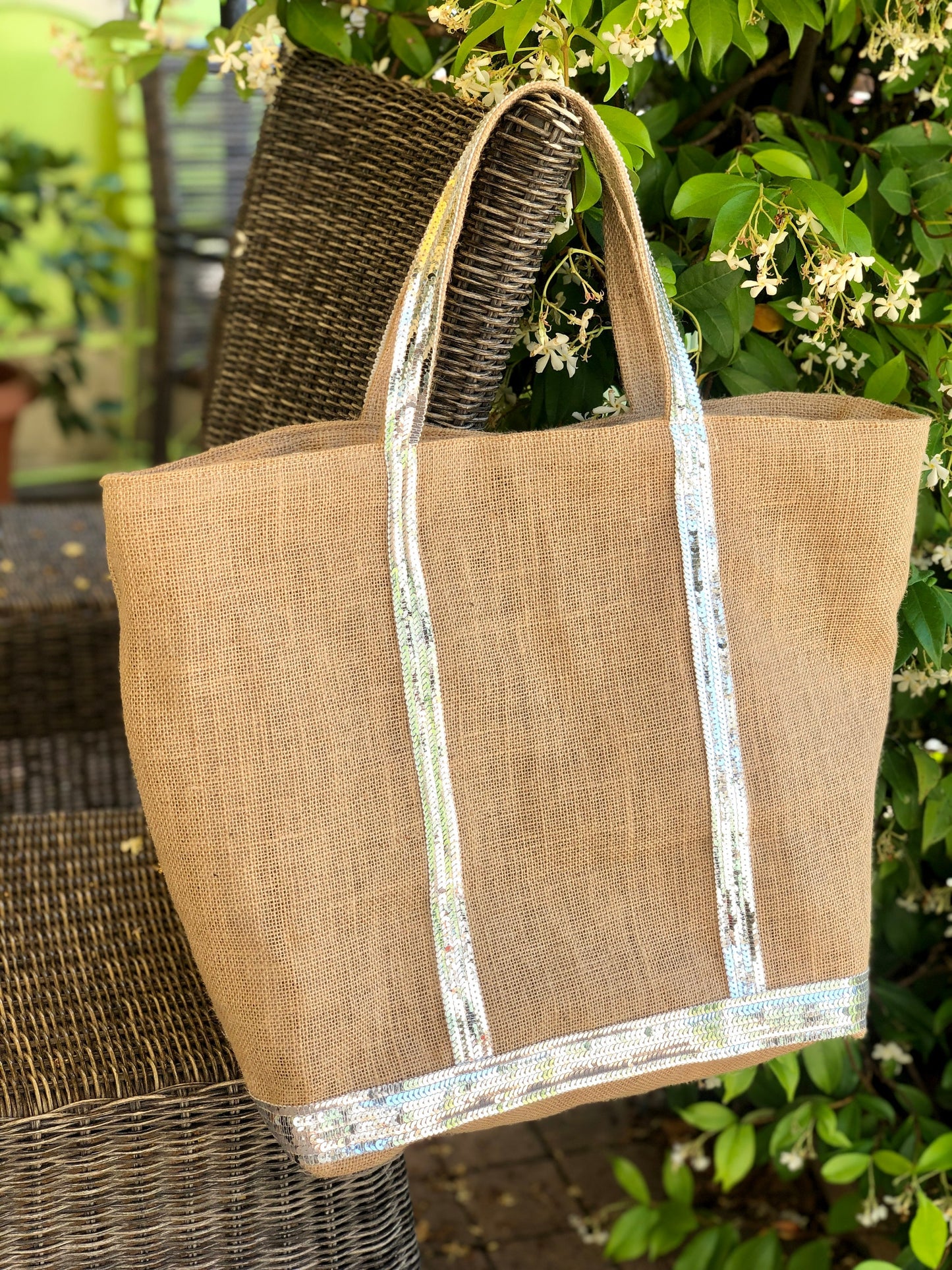 Sac cabas jute - tote jute paillettes - sac de plage en jute - grand cabas porté épaule - cabas en paille avec fermeture