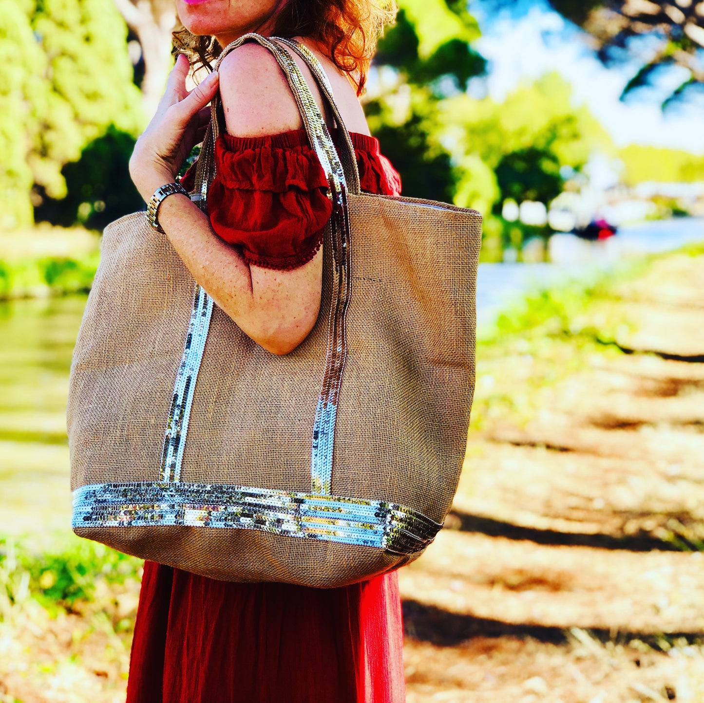 Burlap bag, summer beach tote, sequin handbag