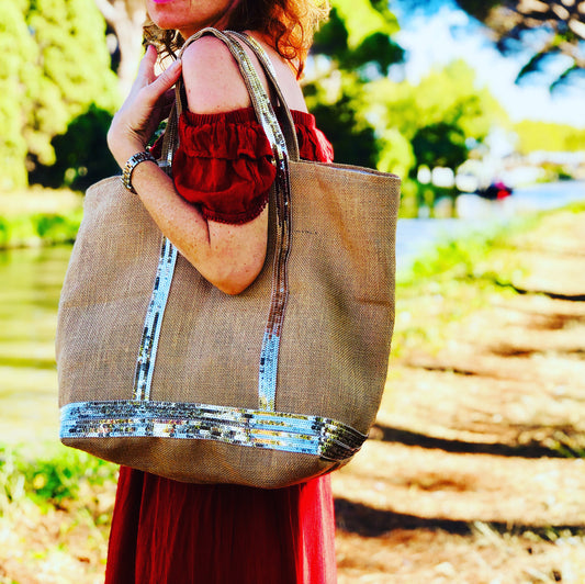 Sac toile de jute, cabas été plage, sac à main paillettes