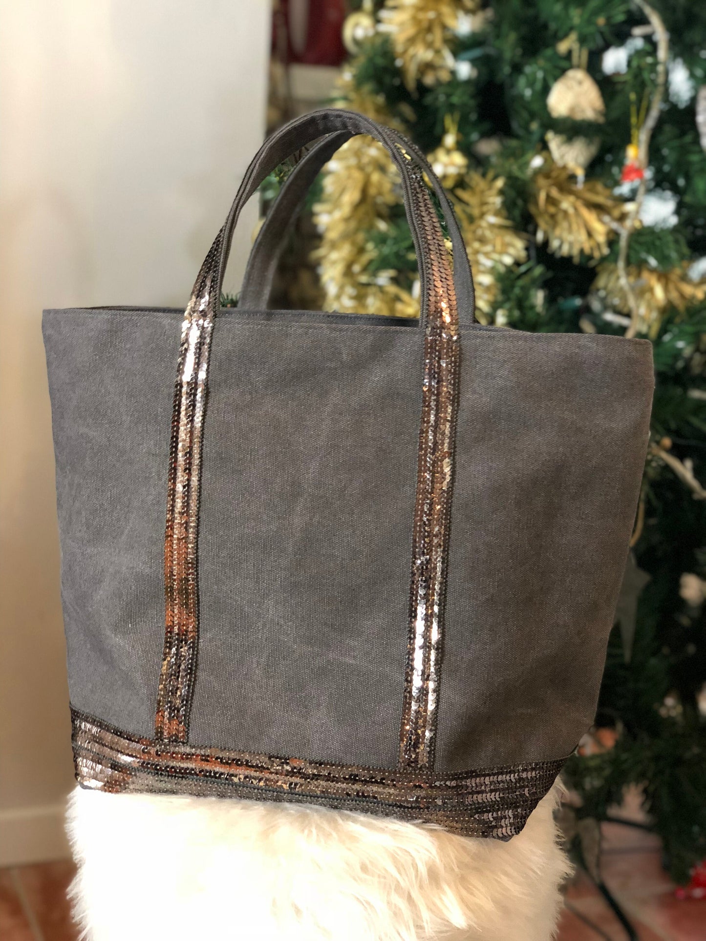 Sac fourre-tout en toile de coton gris avec sequins gris argentés et poche intérieure à fermeture éclair - Accessoire de mode élégant et fonctionnel