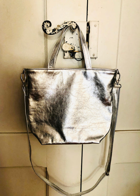 Silver leather shoulder tote bag