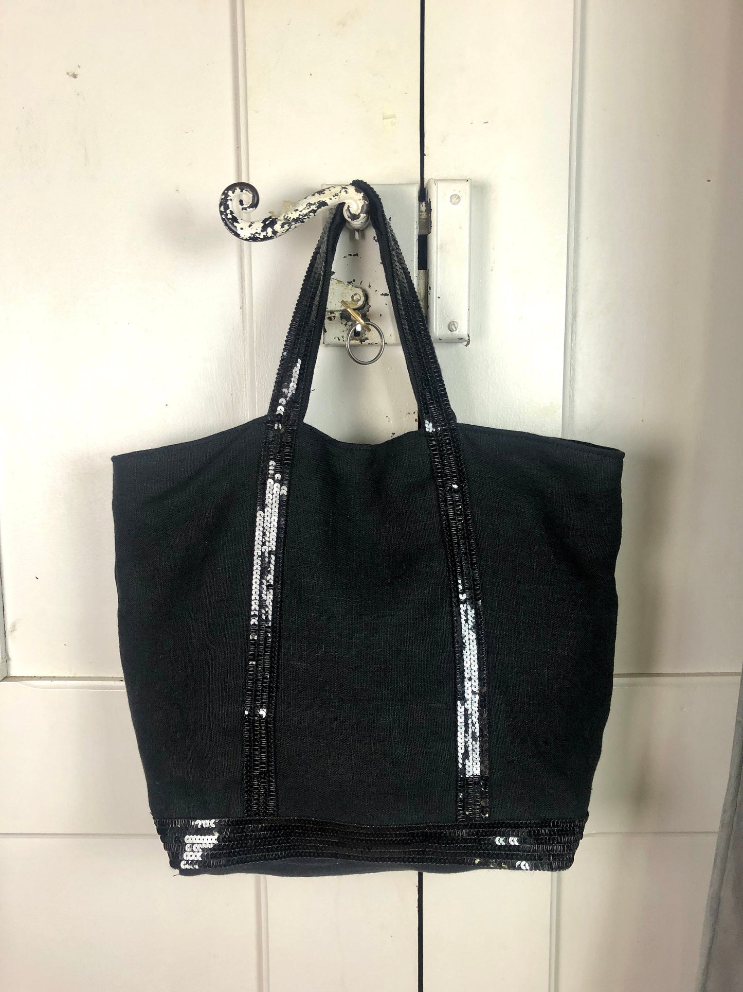 Black linen tote bag with black sequins