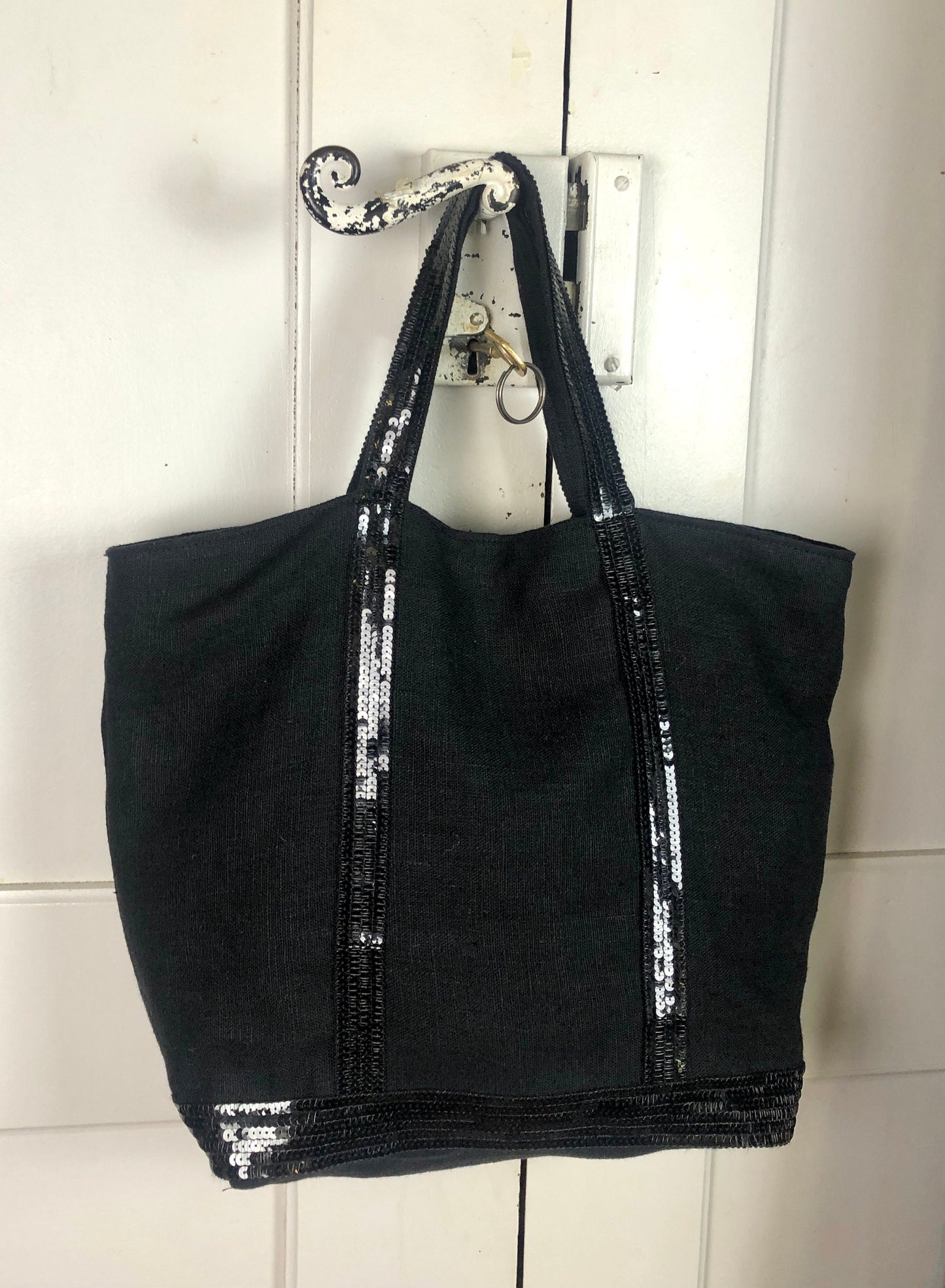 Sac cabas en lin noir sequins noirs