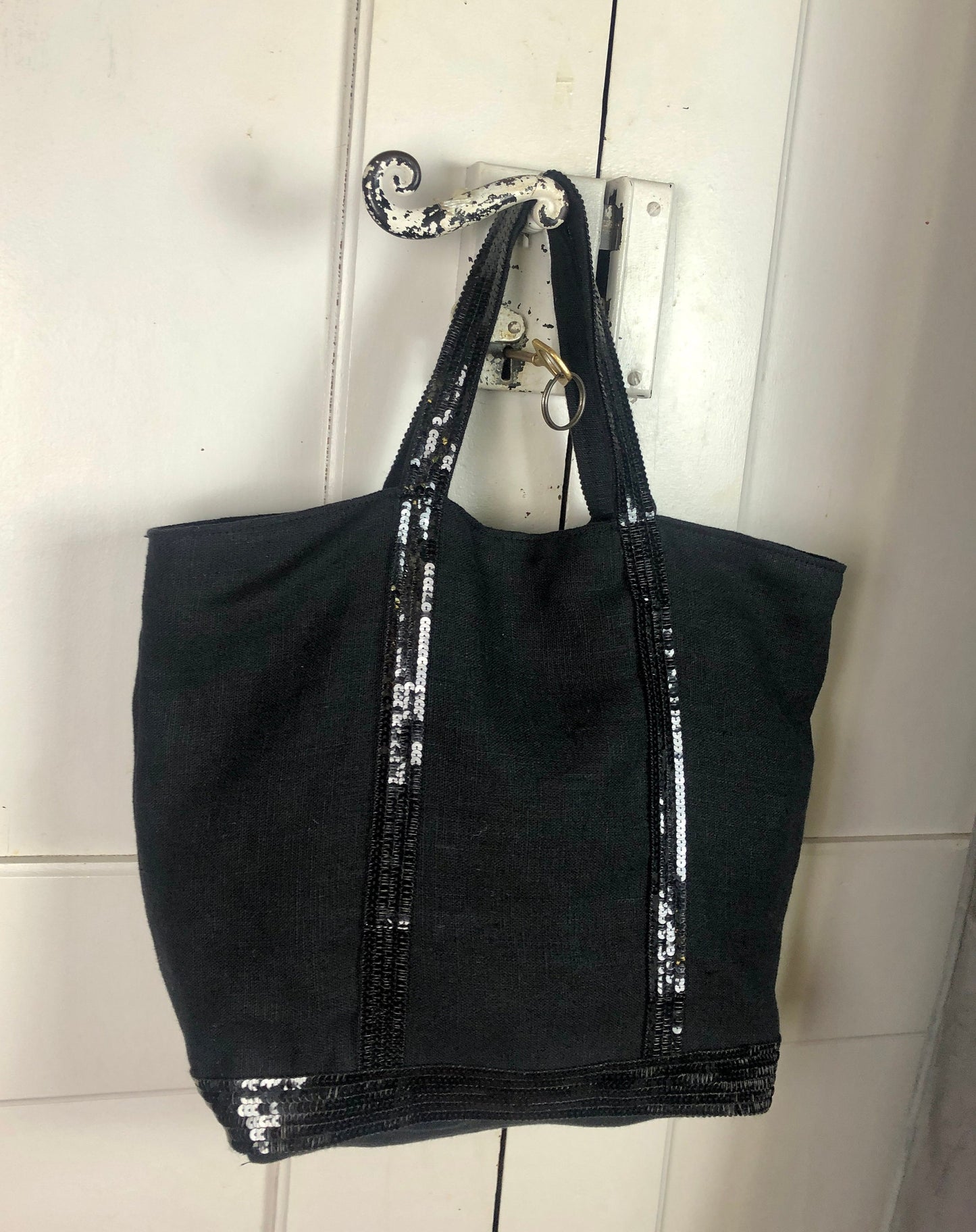 Sac cabas en lin noir sequins noirs