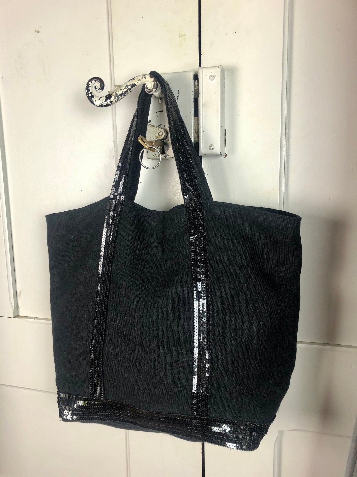 Sac cabas en lin noir sequins noirs