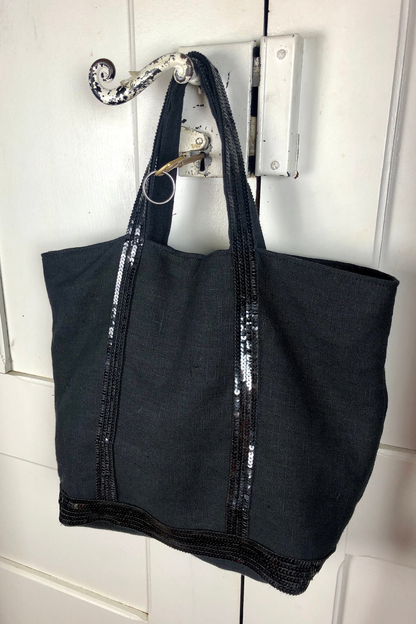 Sac cabas en lin noir sequins noirs