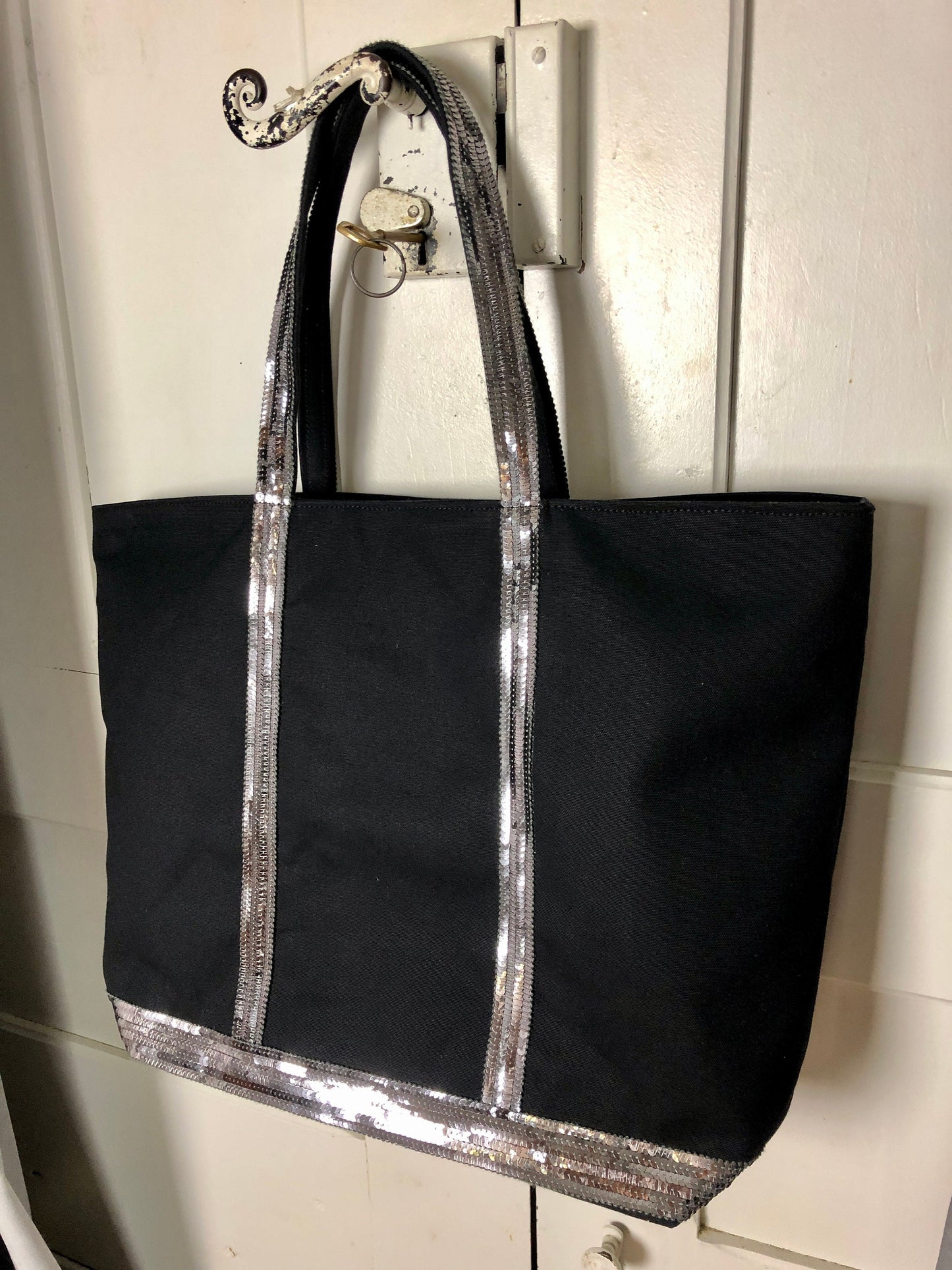 Black glitter tote bag - black cotton canvas bag topped with sequins - black tote bag
