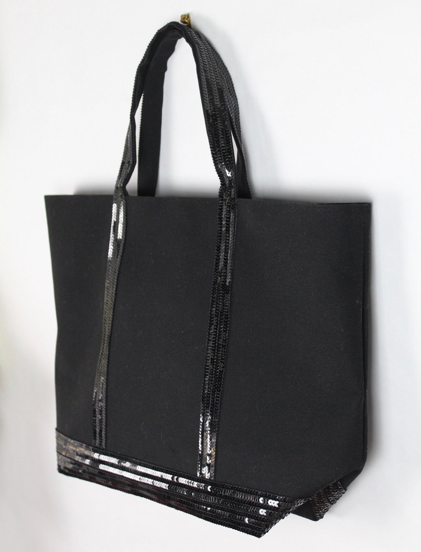 Large black canvas cotton tote bag with black sequins