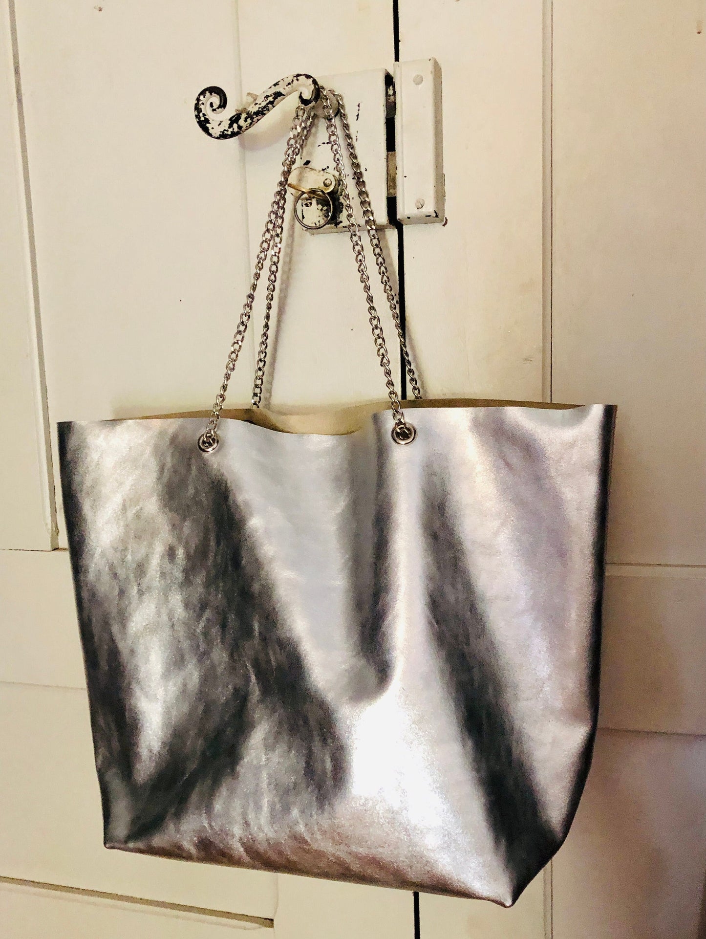 Sac tote épaule cuir argent, Sac a main femme cuir souple italien, sac shopping cuir, sac cabas femme cuir, fourre tout cuir argent