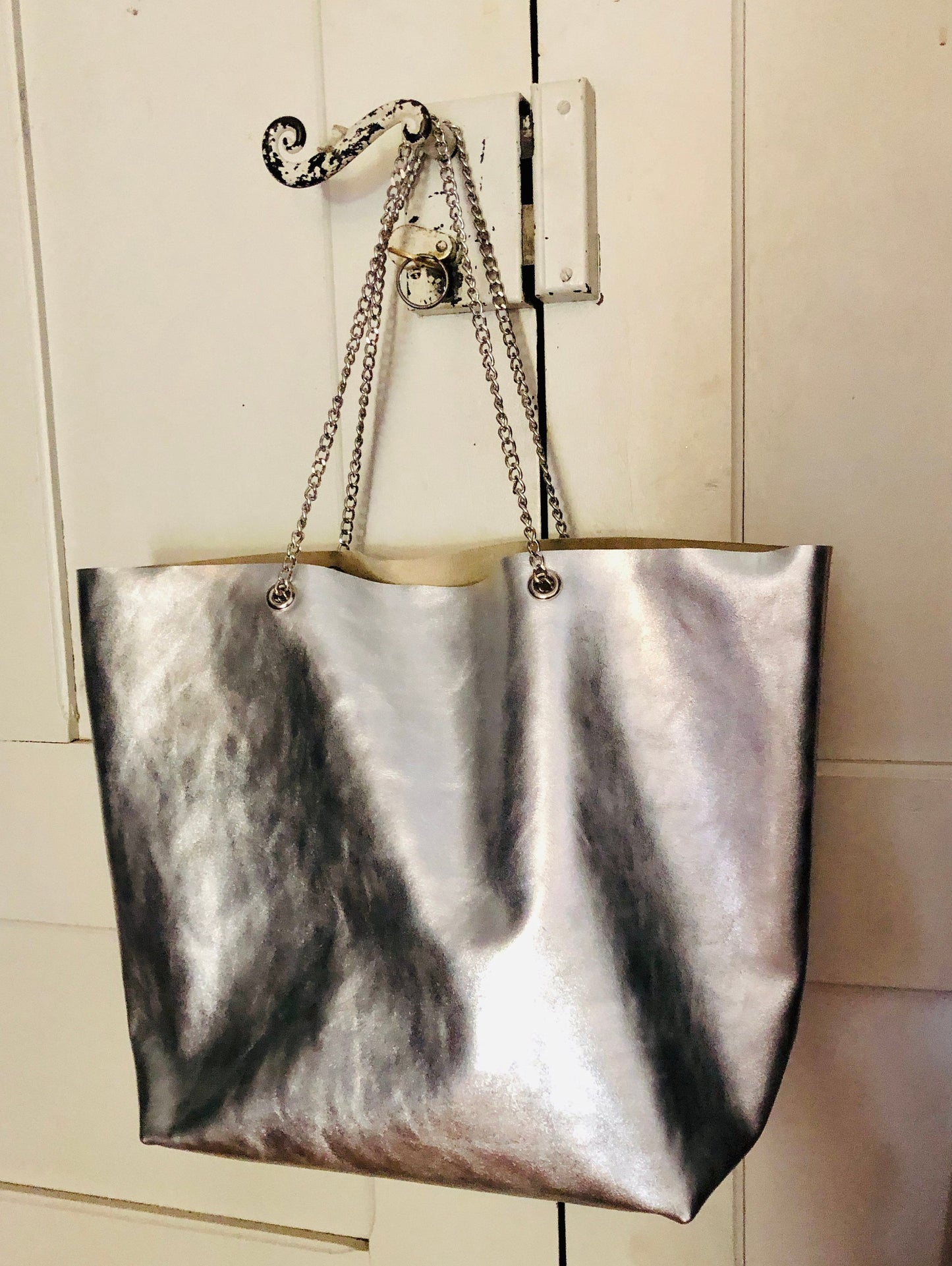 Soft silver leather tote bag with chain shoulder handles, slouchy leather tote bag, Italian leather tote bag, rock chic tote
