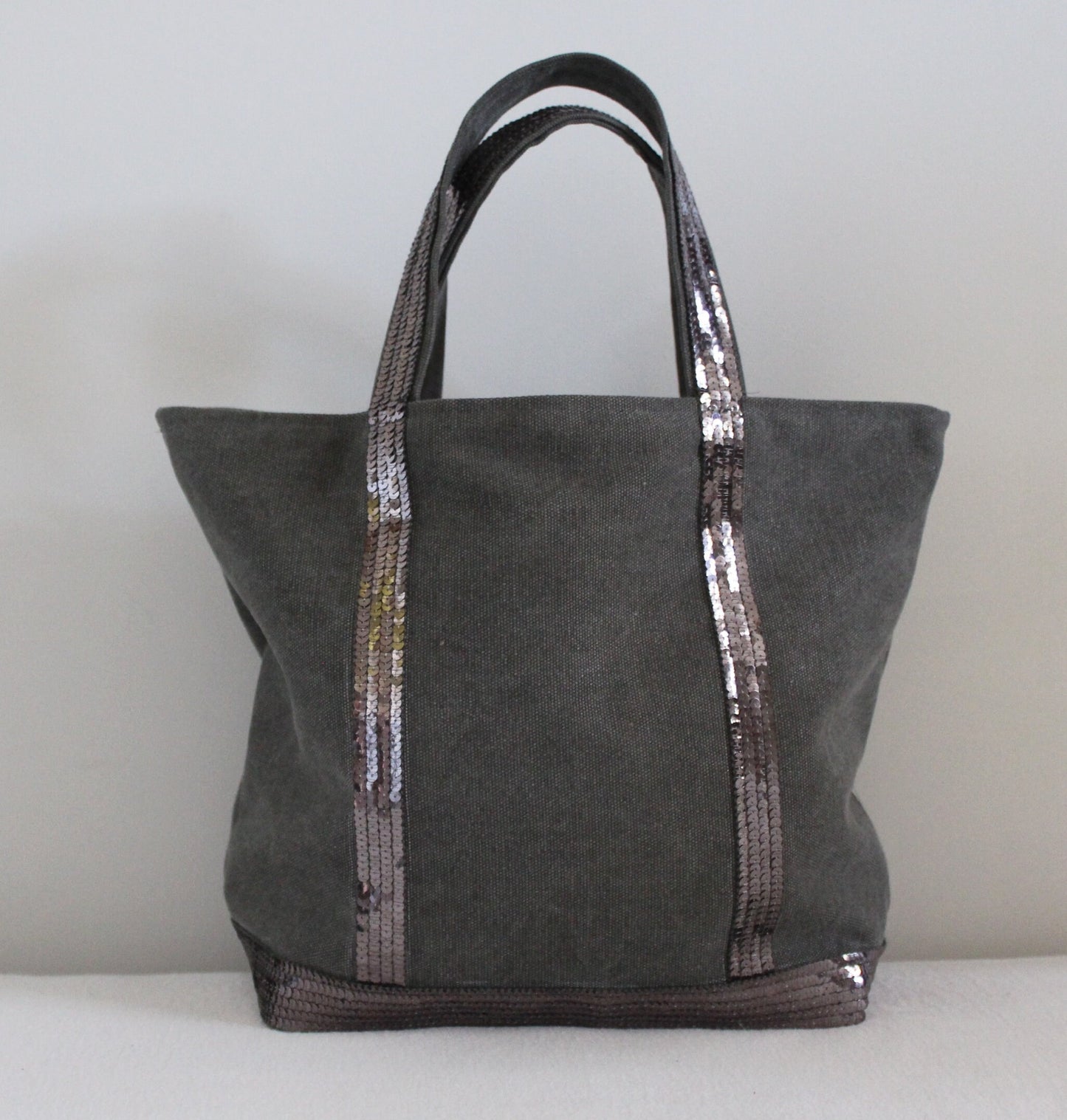 Gray cotton canvas tote bag with silver gray sequins