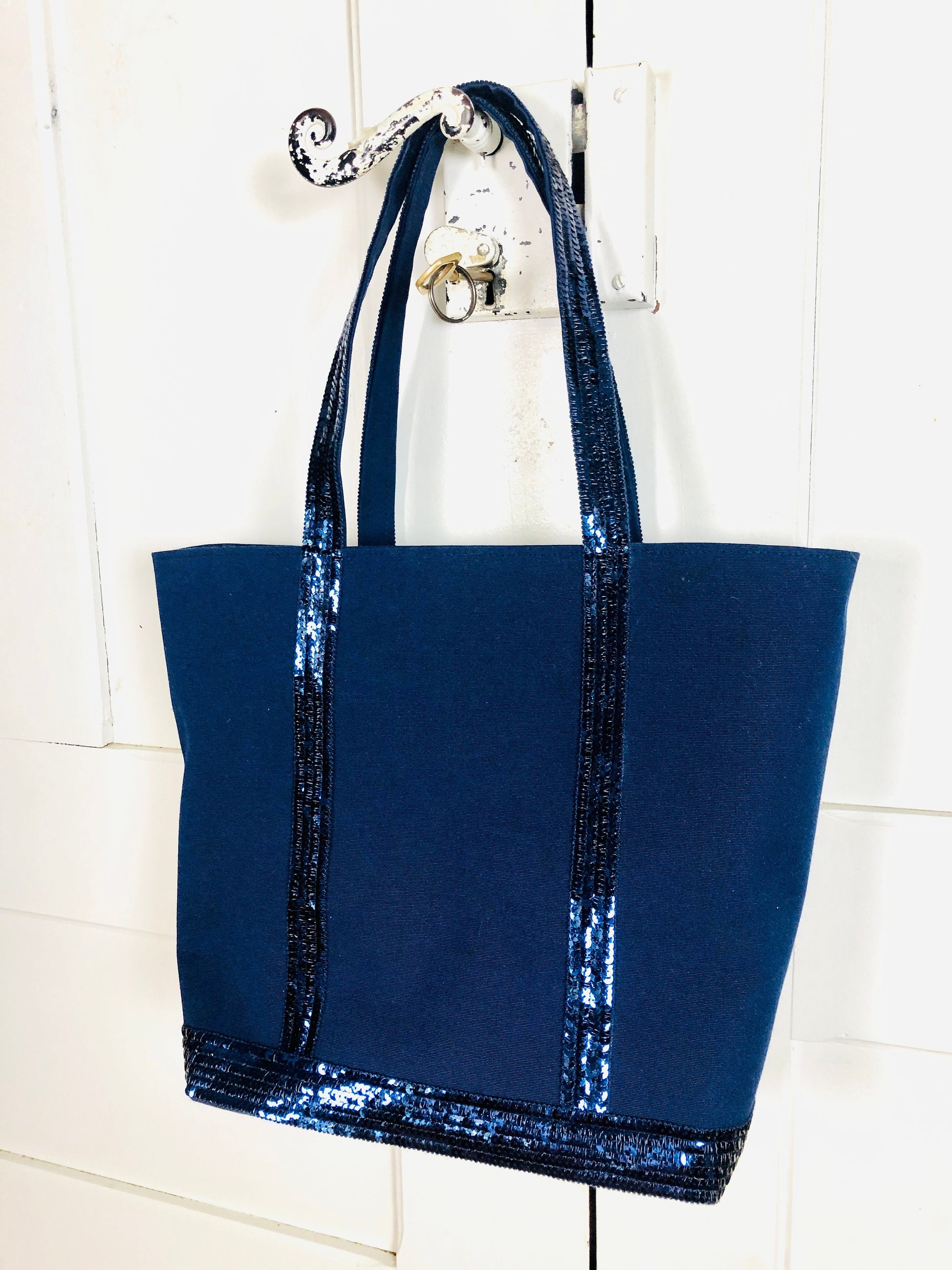 Navy blue tote bag with sequins worn on the shoulder, navy tote bag wi –  cameliaforeveraccessories