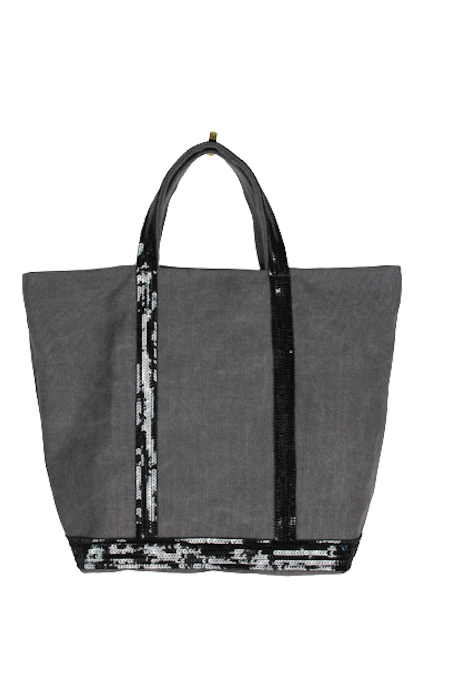 Grey M size sturdy cotton canvas tote bag with silver grey sequins