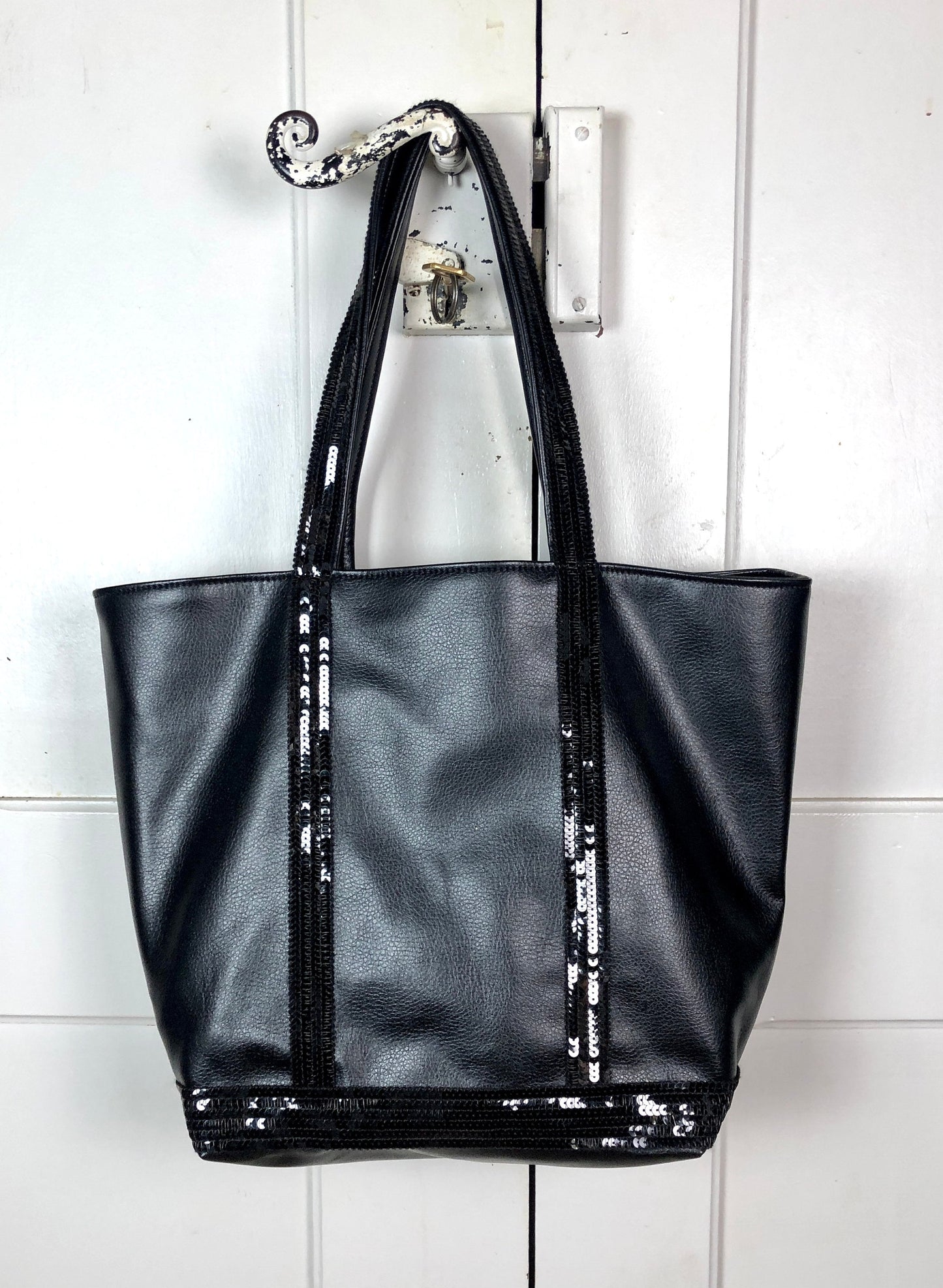 Large black faux leather shopper with black sequins, shoulder tote bag, black sequin shopper, everyday purse, on trend bag, sequin tote bag