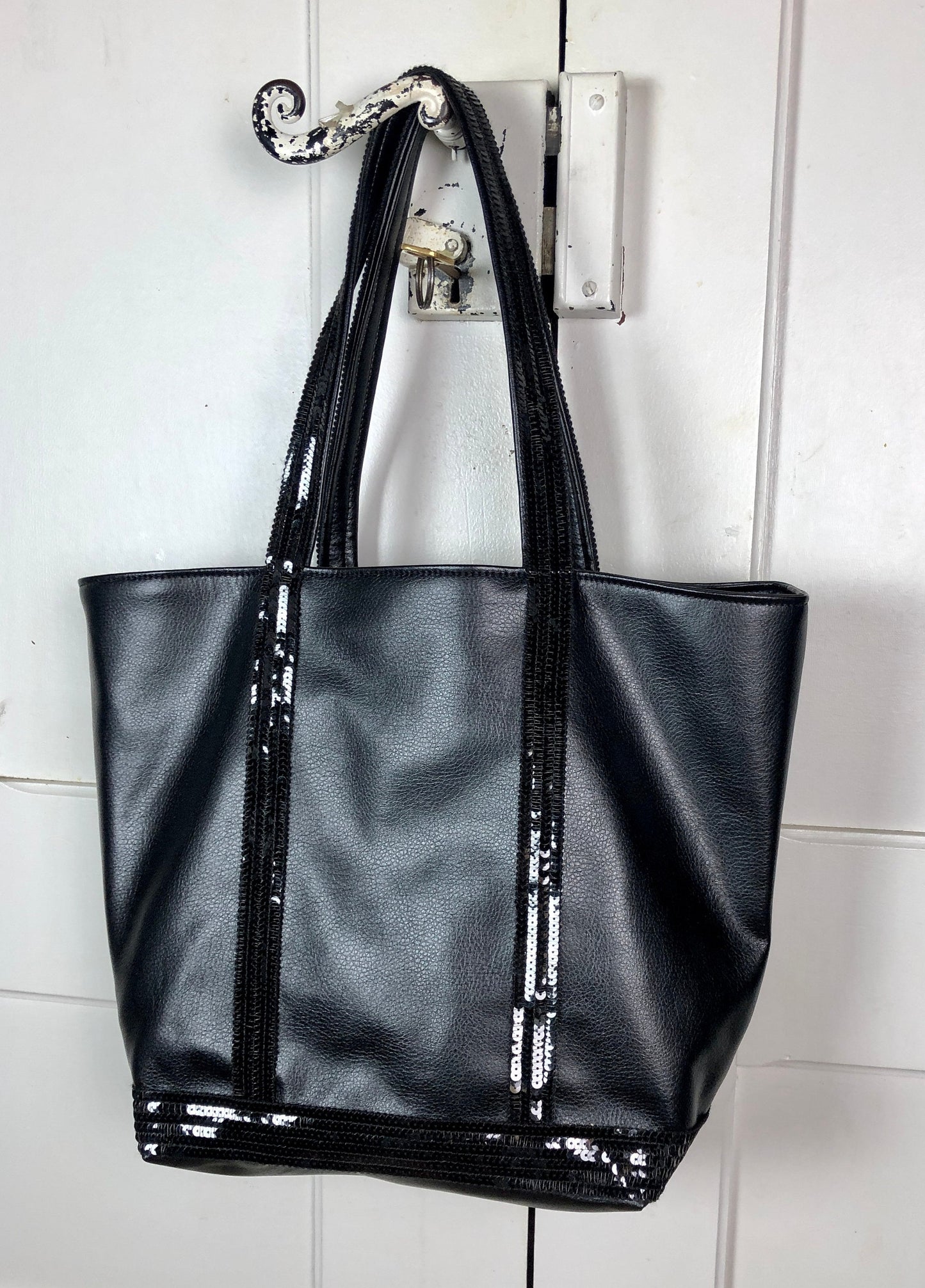 Large black faux leather shopper with black sequins, shoulder tote bag, black sequin shopper, everyday purse, on trend bag, sequin tote bag