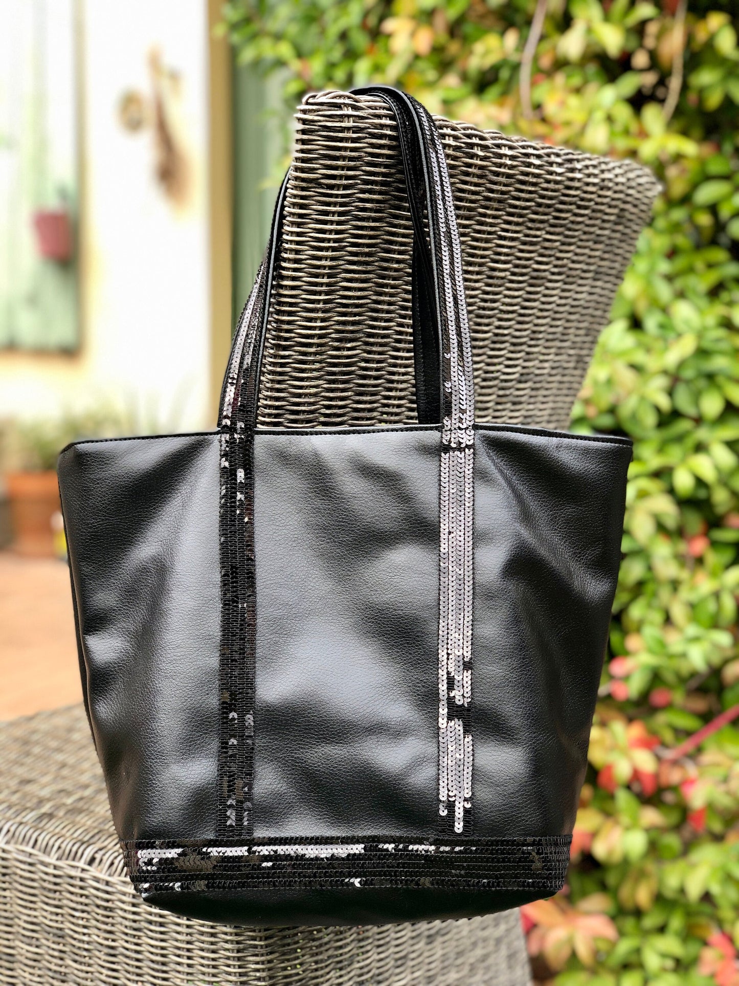 Large black faux leather shopper with black sequins, shoulder tote bag, black sequin shopper, everyday purse, on trend bag, sequin tote bag