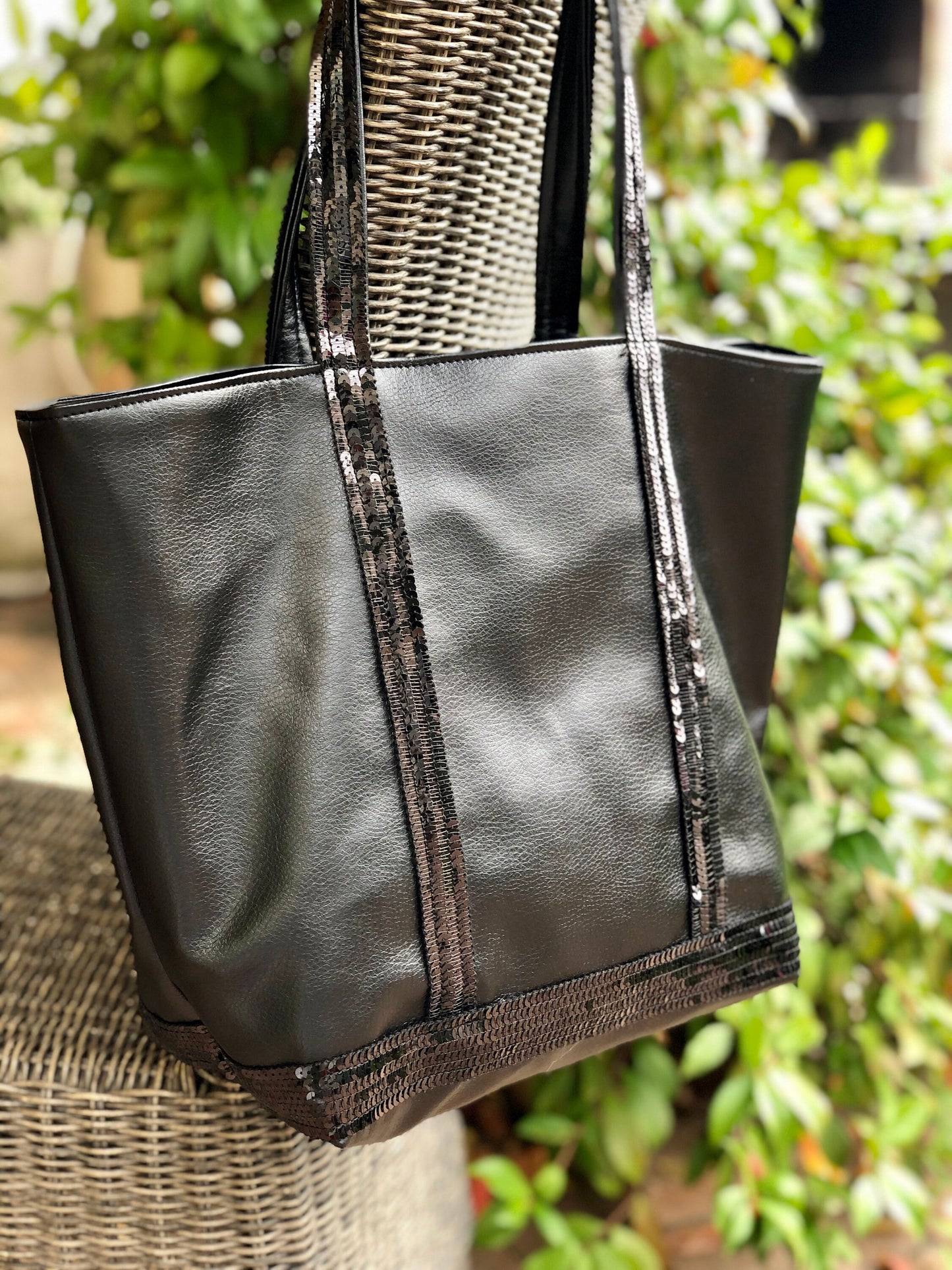 Large black faux leather shopper with black sequins, shoulder tote bag, black sequin shopper, everyday purse, on trend bag, sequin tote bag