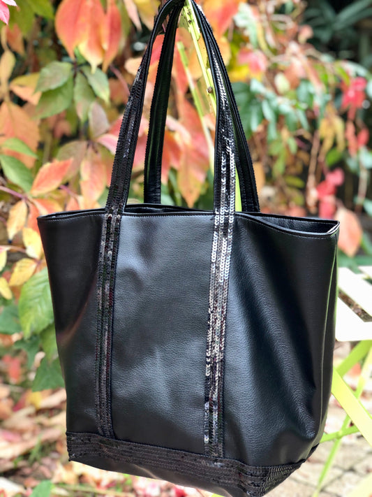 Large black faux leather shopper with black sequins, shoulder tote bag, black sequin shopper, everyday purse, on trend bag, sequin tote bag