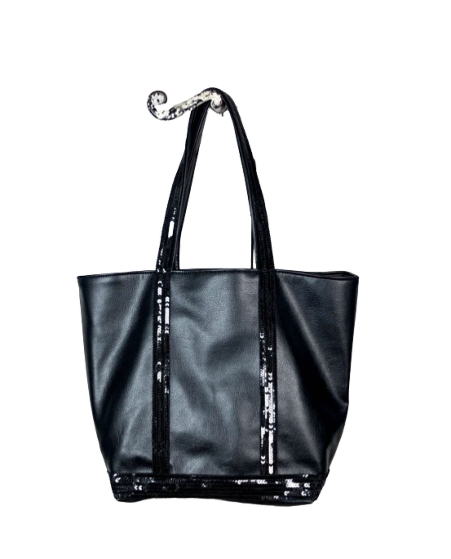Large black faux leather shopper with black sequins, shoulder tote bag, black sequin shopper, everyday purse, on trend bag, sequin tote bag