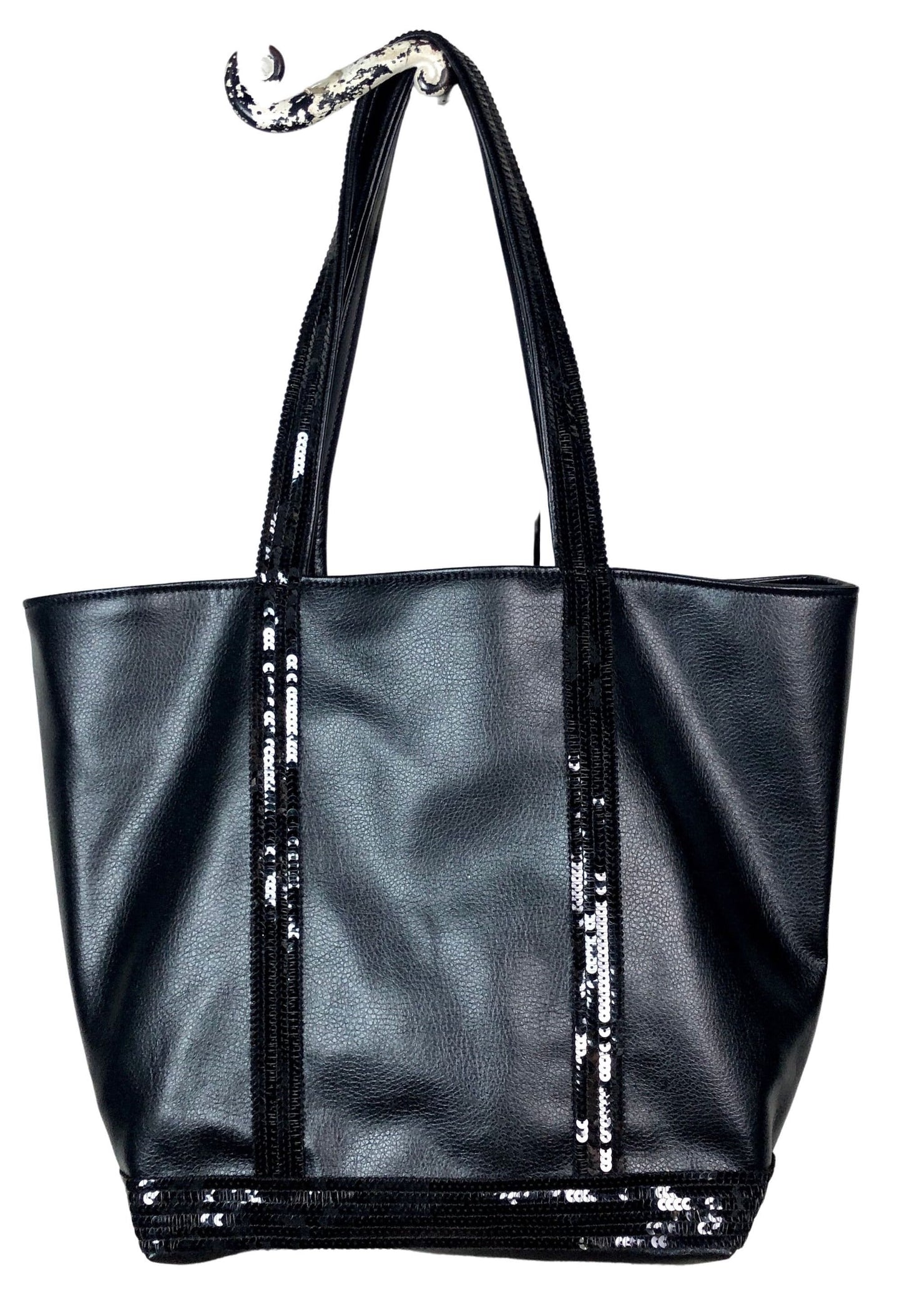 Large black faux leather shopper with black sequins, shoulder tote bag, black sequin shopper, everyday purse, on trend bag, sequin tote bag