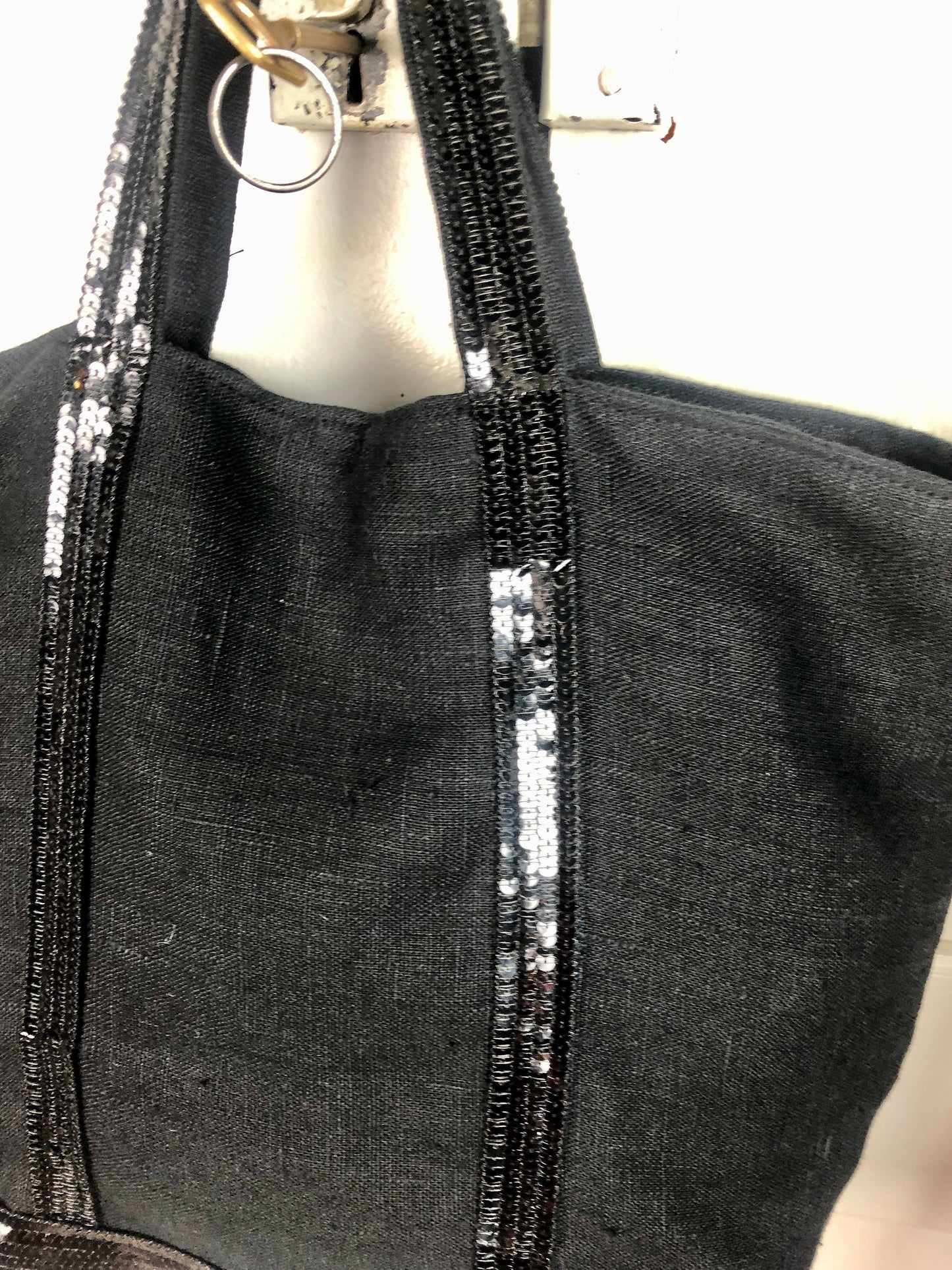 Black linen tote bag with black sequins