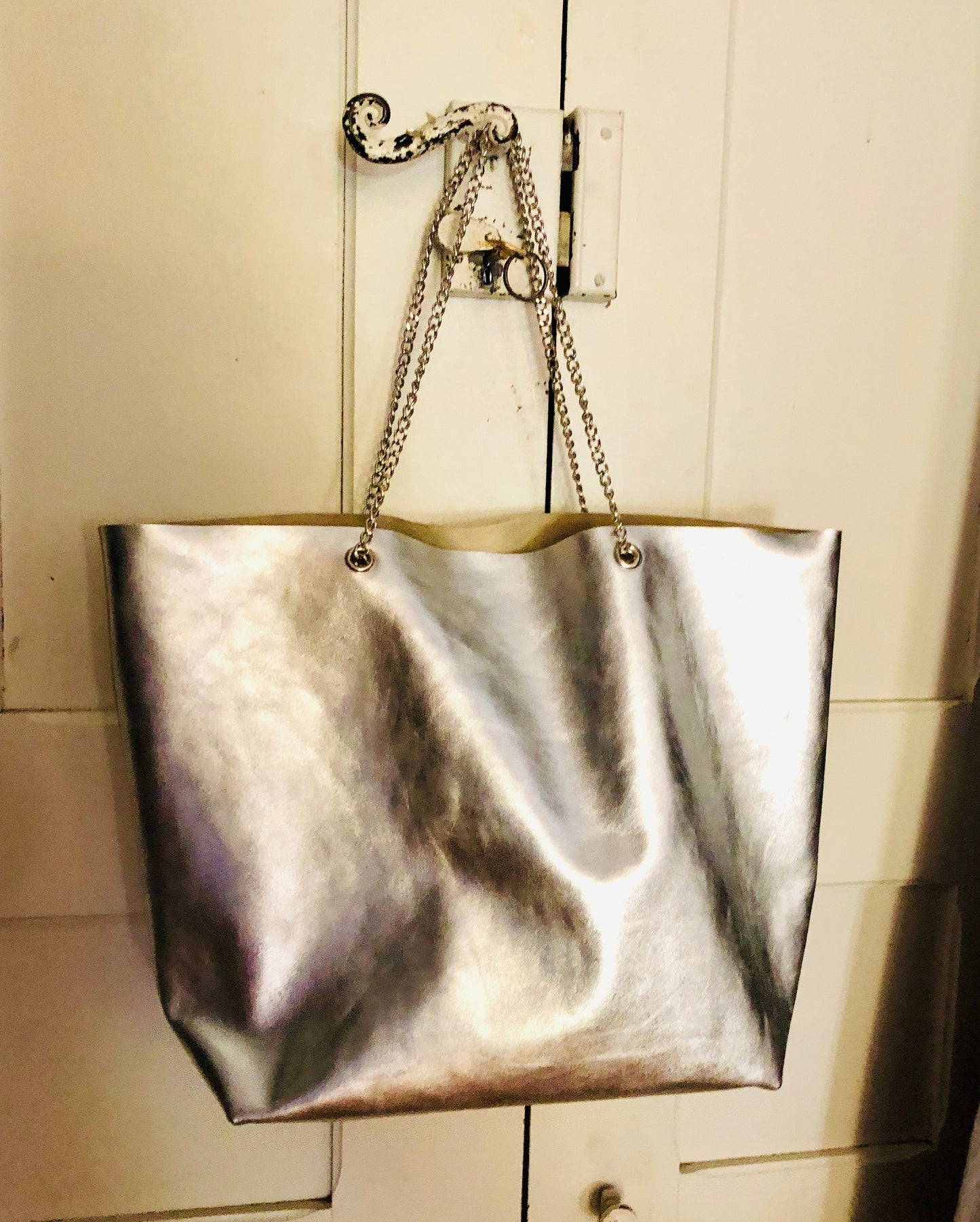 Sac tote épaule cuir argent, Sac a main femme cuir souple italien, sac shopping cuir, sac cabas femme cuir, fourre tout cuir argent