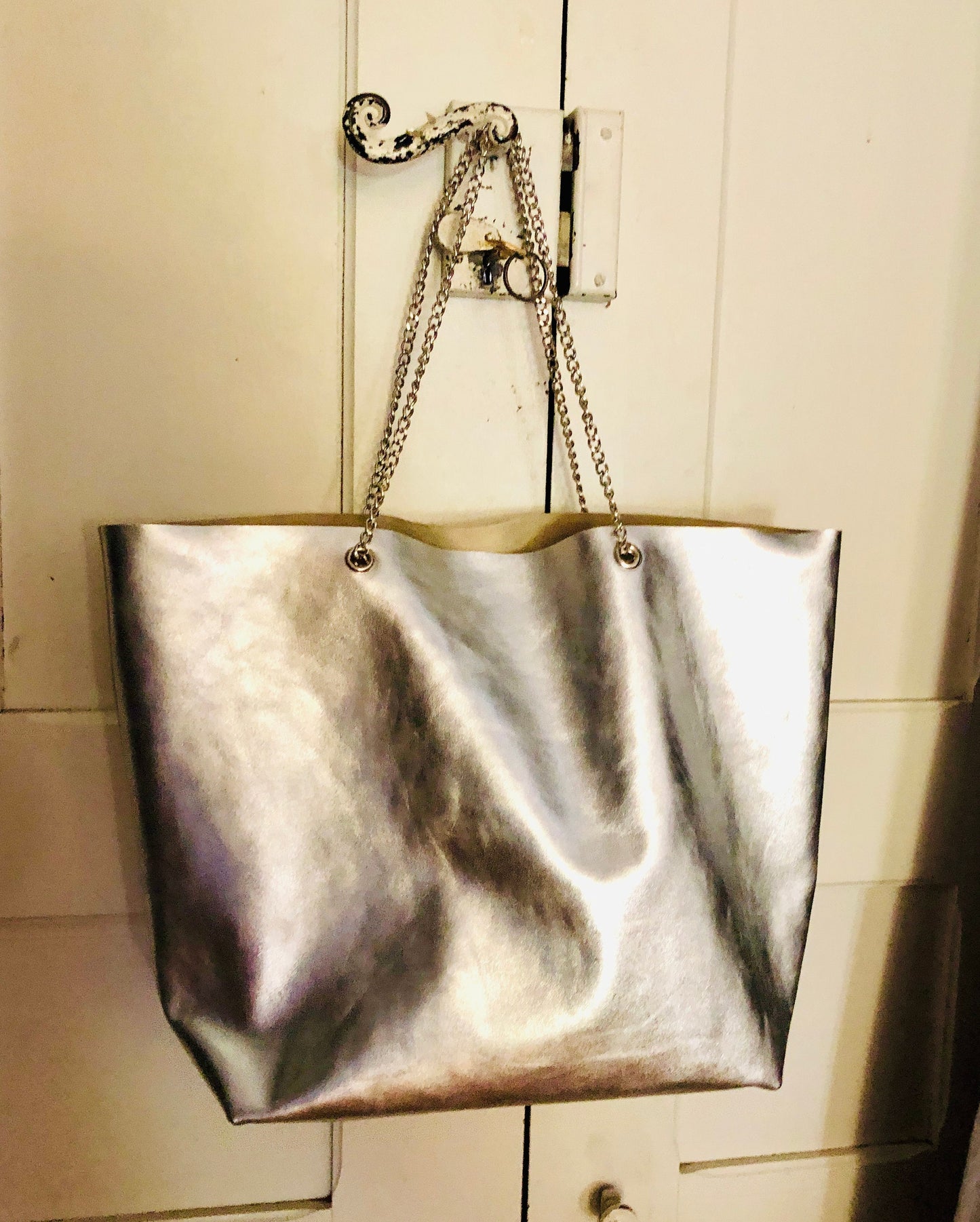 Soft silver leather tote bag with chain shoulder handles, slouchy leather tote bag, Italian leather tote bag, rock chic tote