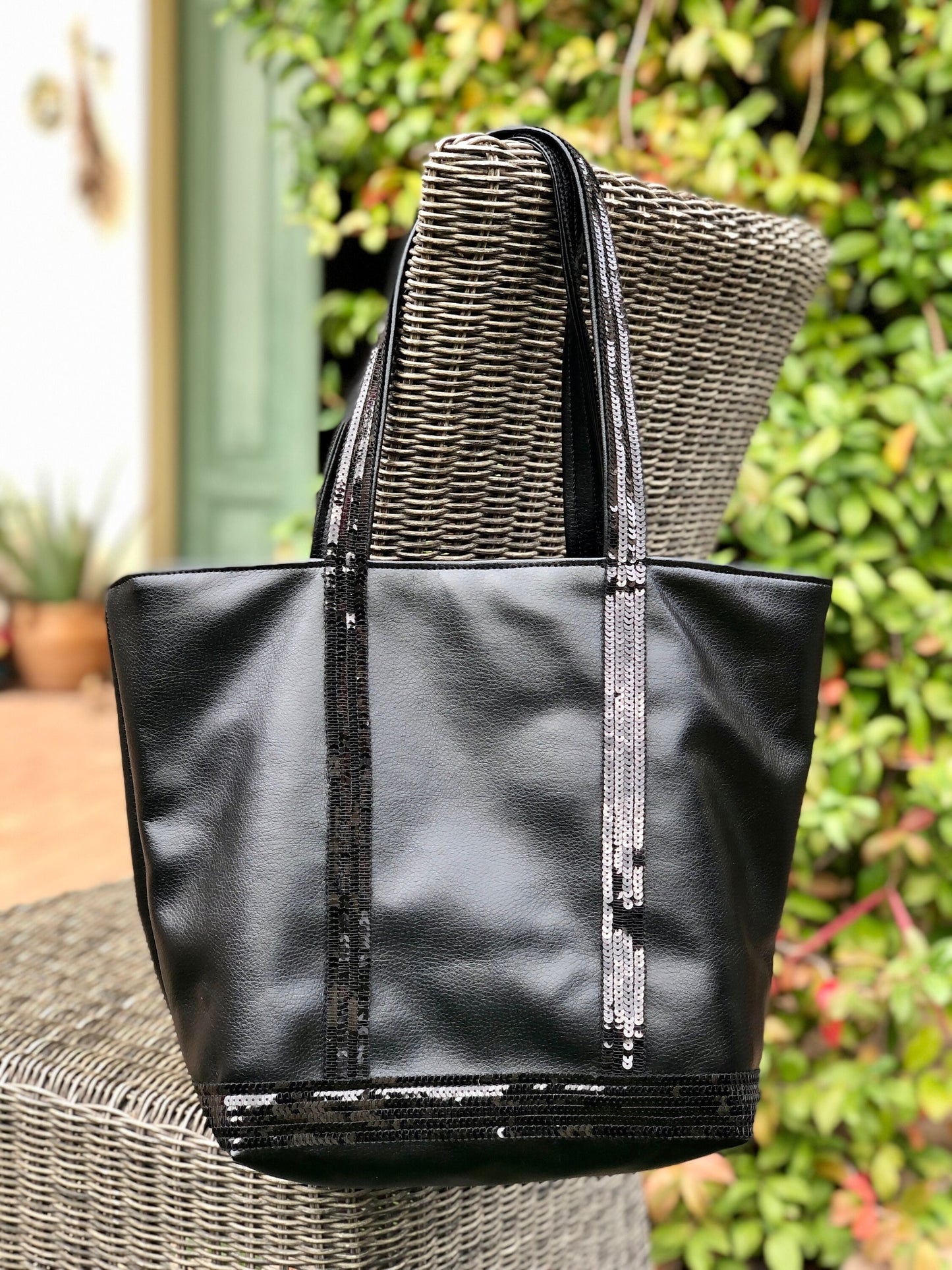 Large black faux leather shopper with black sequins, shoulder tote bag, black sequin shopper, everyday purse, on trend bag, sequin tote bag