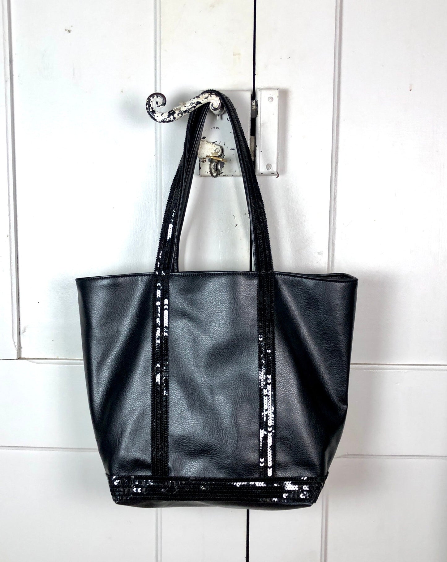 Large black faux leather shopper with black sequins, shoulder tote bag, black sequin shopper, everyday purse, on trend bag, sequin tote bag
