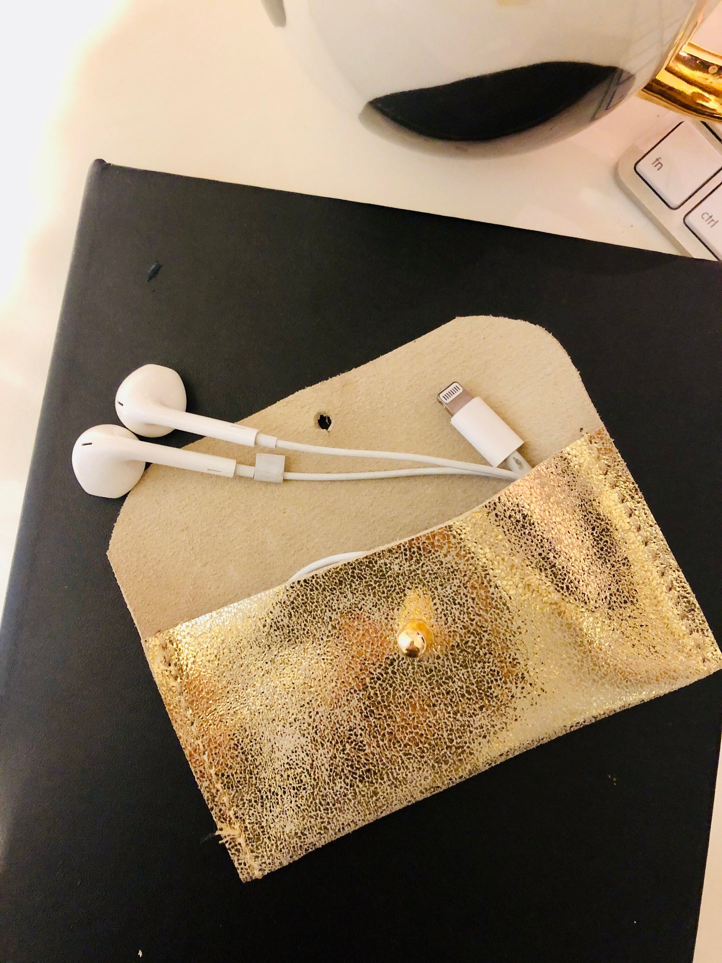 Gold leather earphone pouch, EarPods pouch with jack