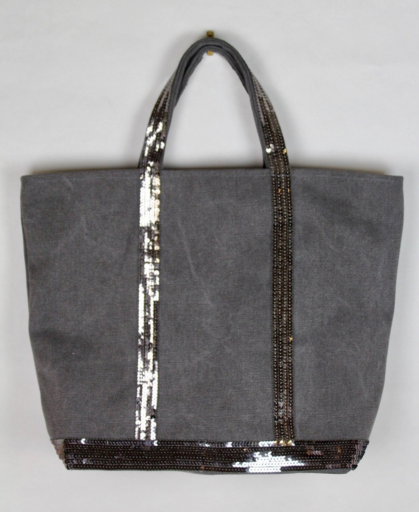 Gray cotton canvas tote bag with silver gray sequins