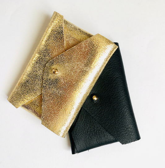 Gold leather wallet - personalized wallet - leather card holder - leather coin holder - black leather purse