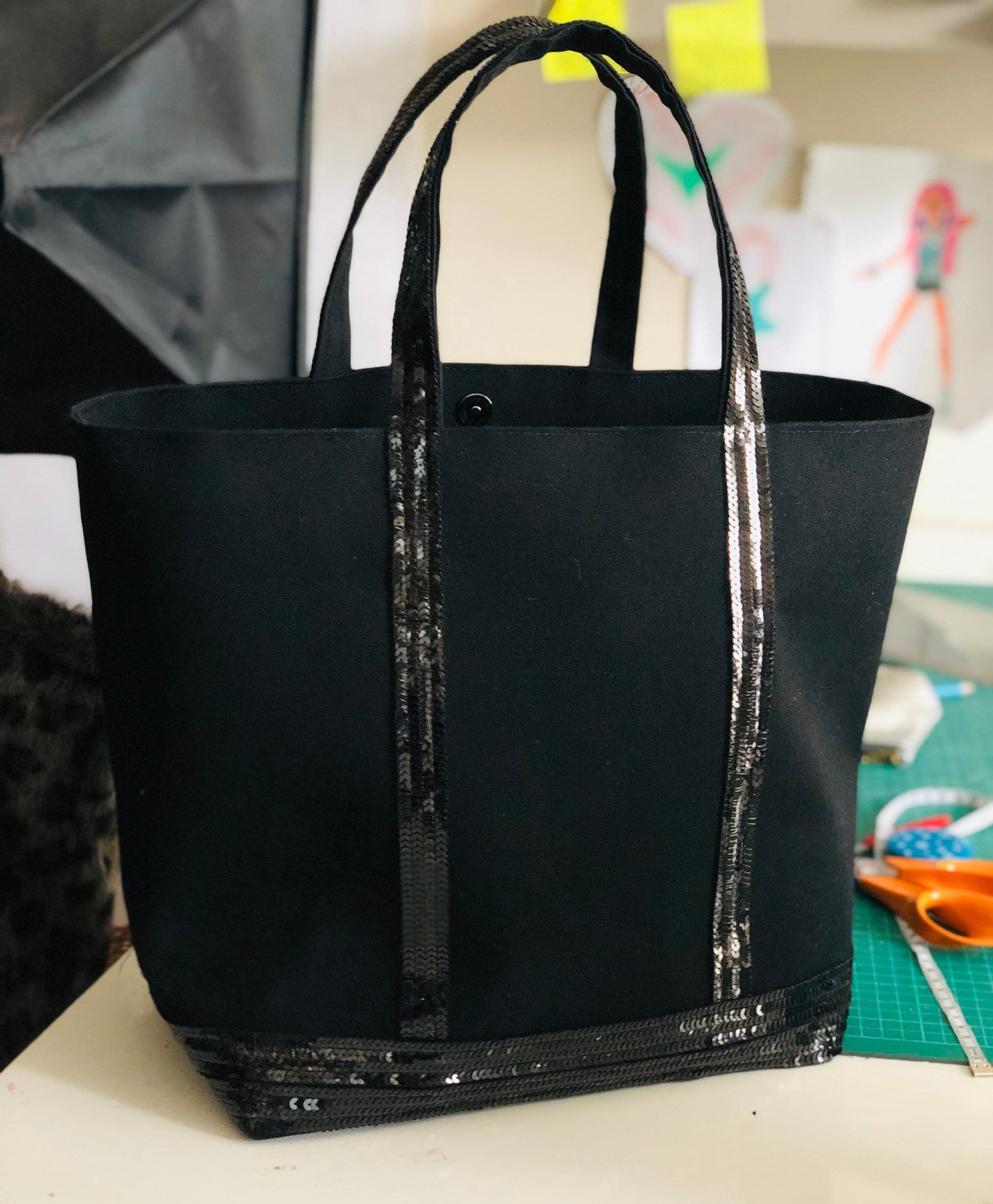Large black canvas cotton tote bag with black sequins