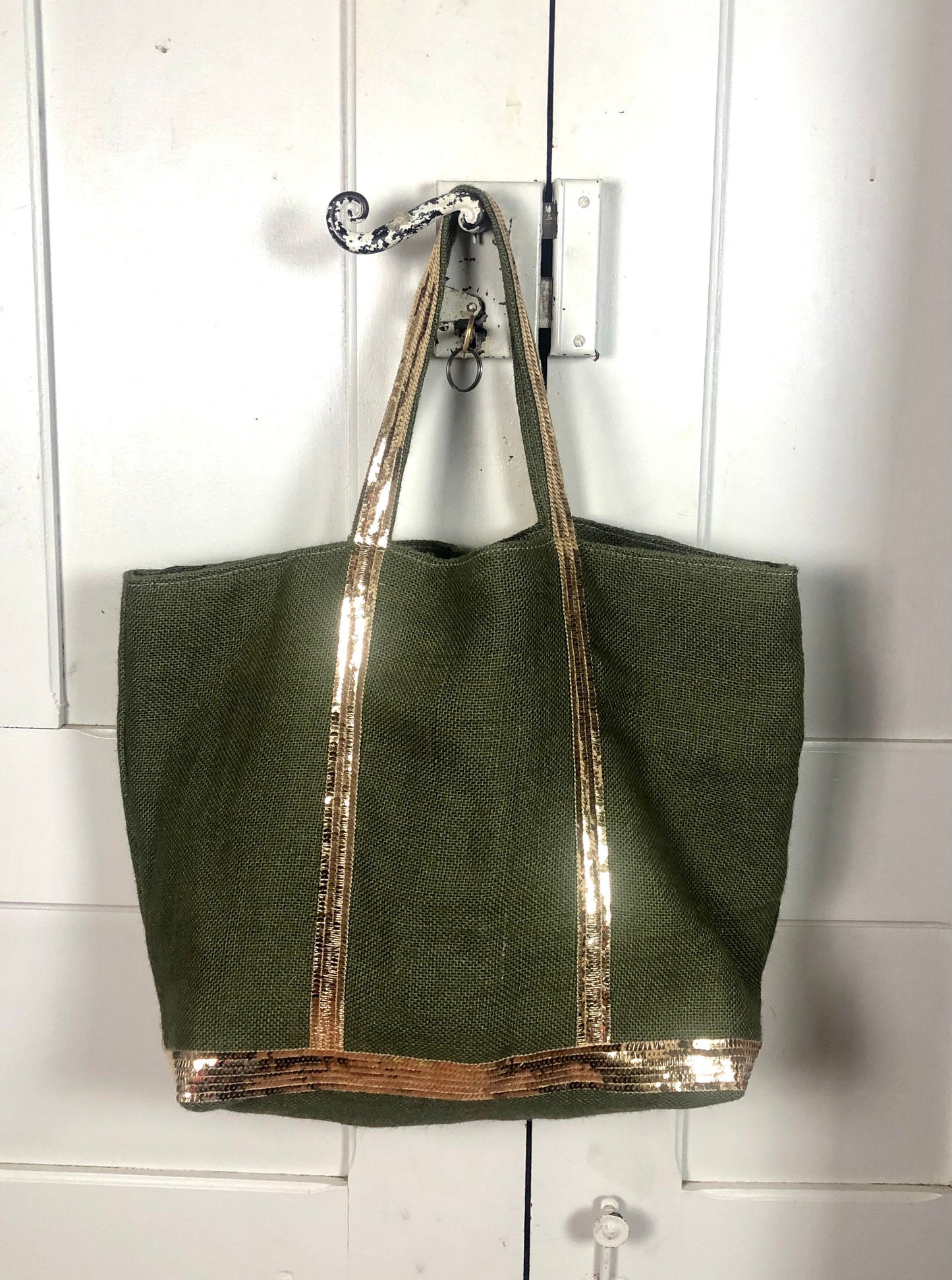 Sac cabas toile de jute kaki paillettes cognac.