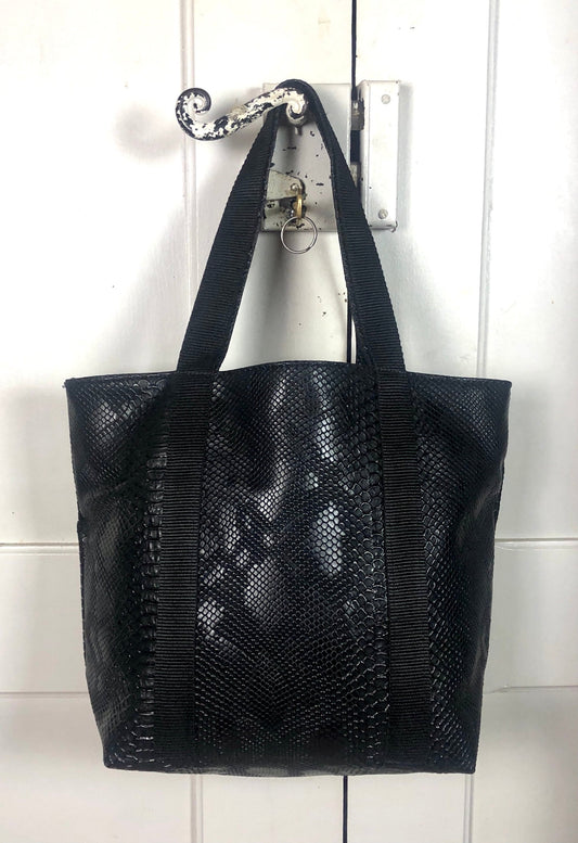 Sac cabas simili cuir noir - cabas simili cuir serpent