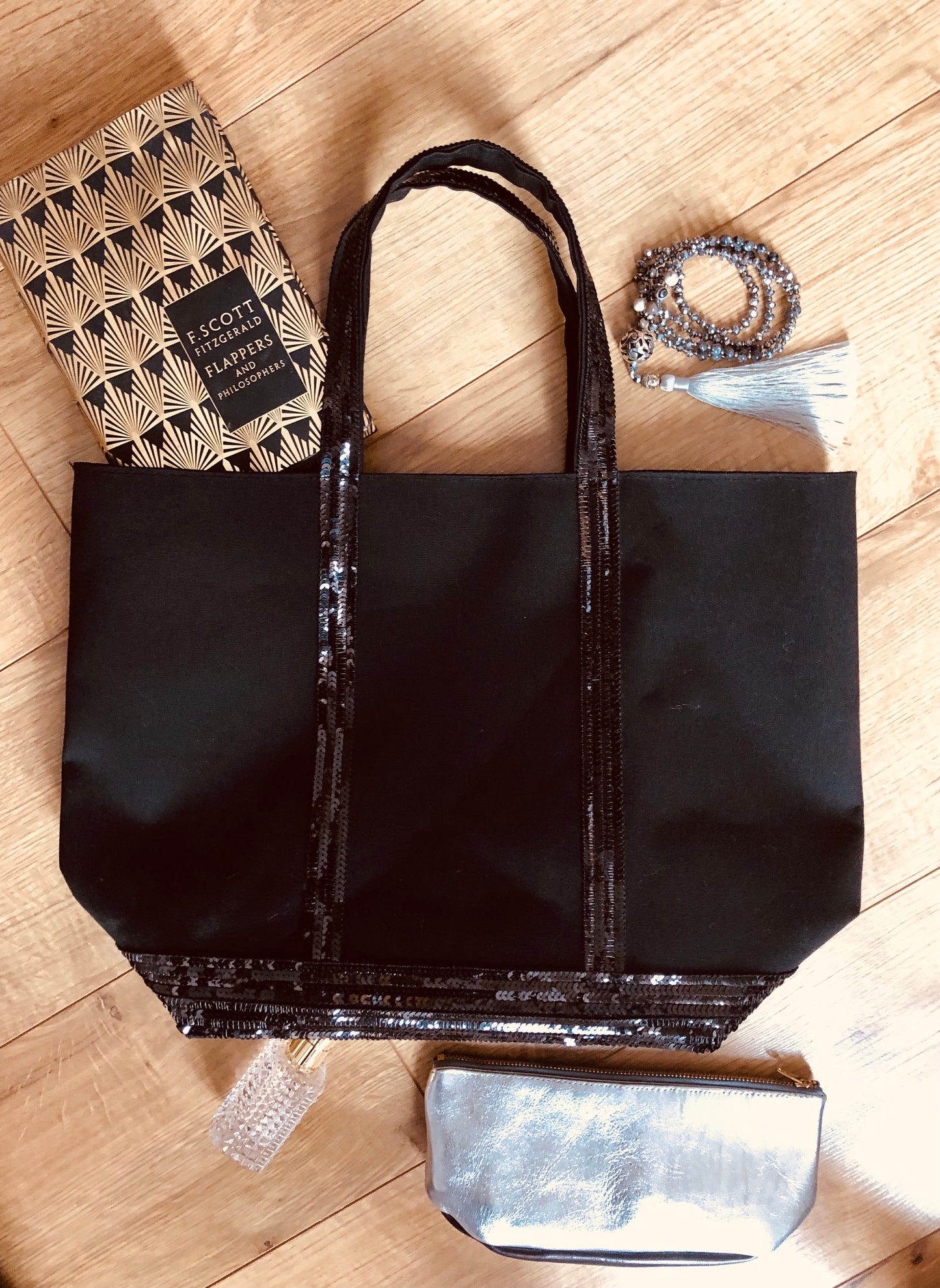 Large black canvas cotton tote bag with black sequins