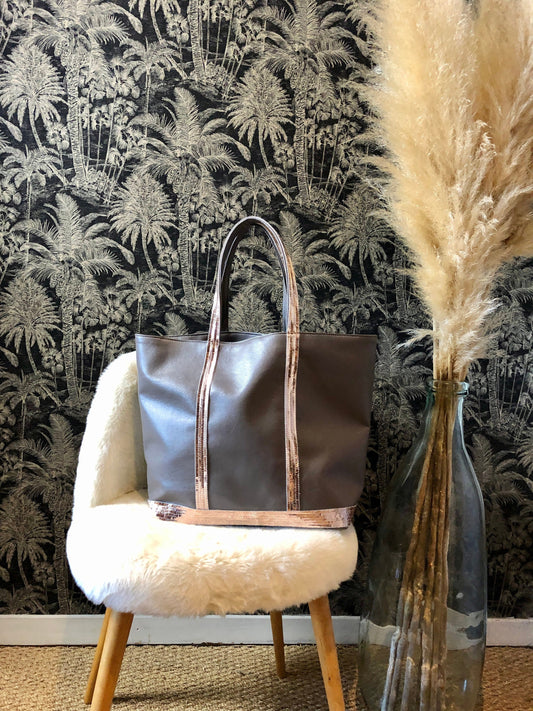 Grand cabas en cuir vegan taupe - sac cabas paillettes doré - tote bag taupe