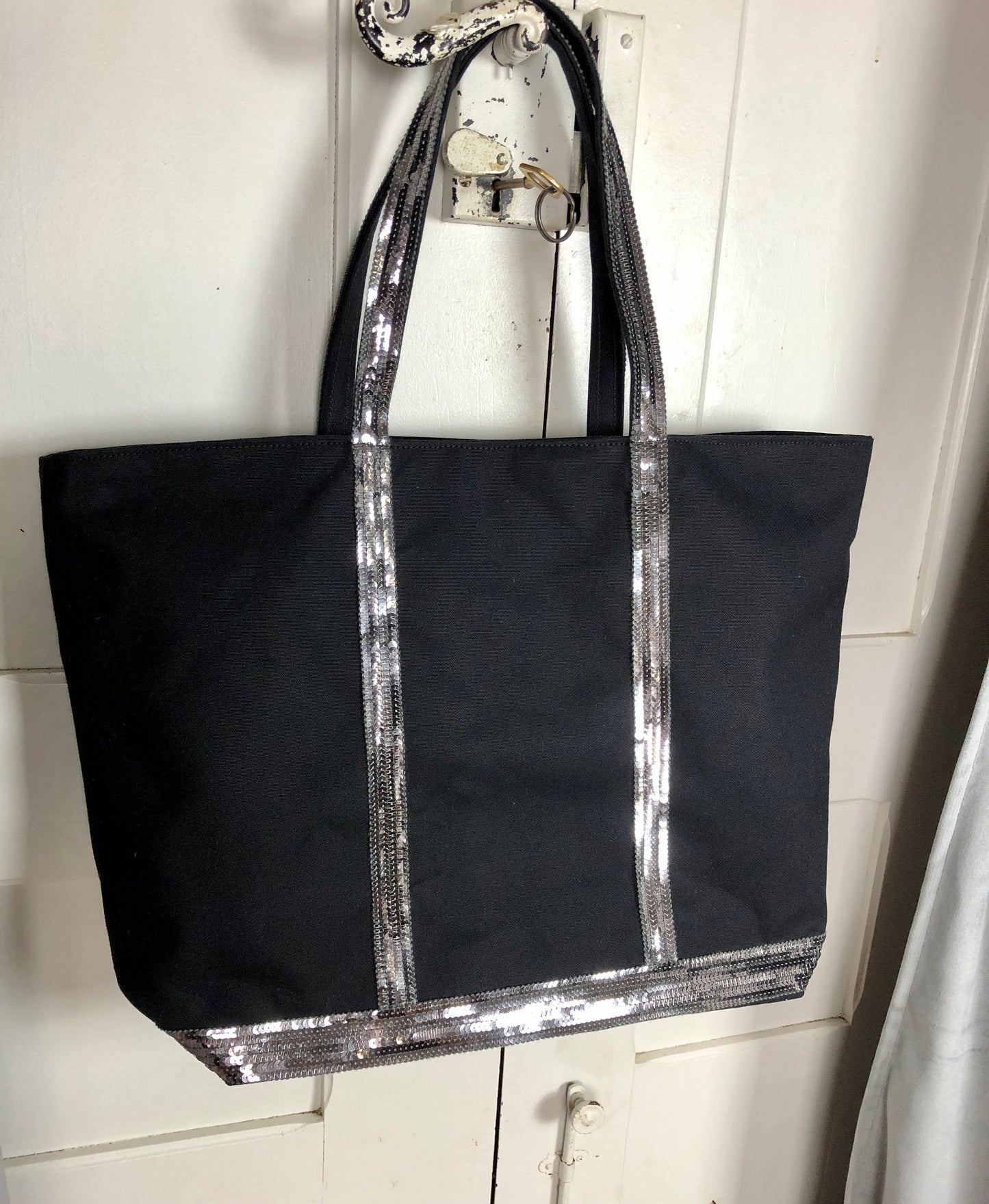 Black silver glitter tote bag