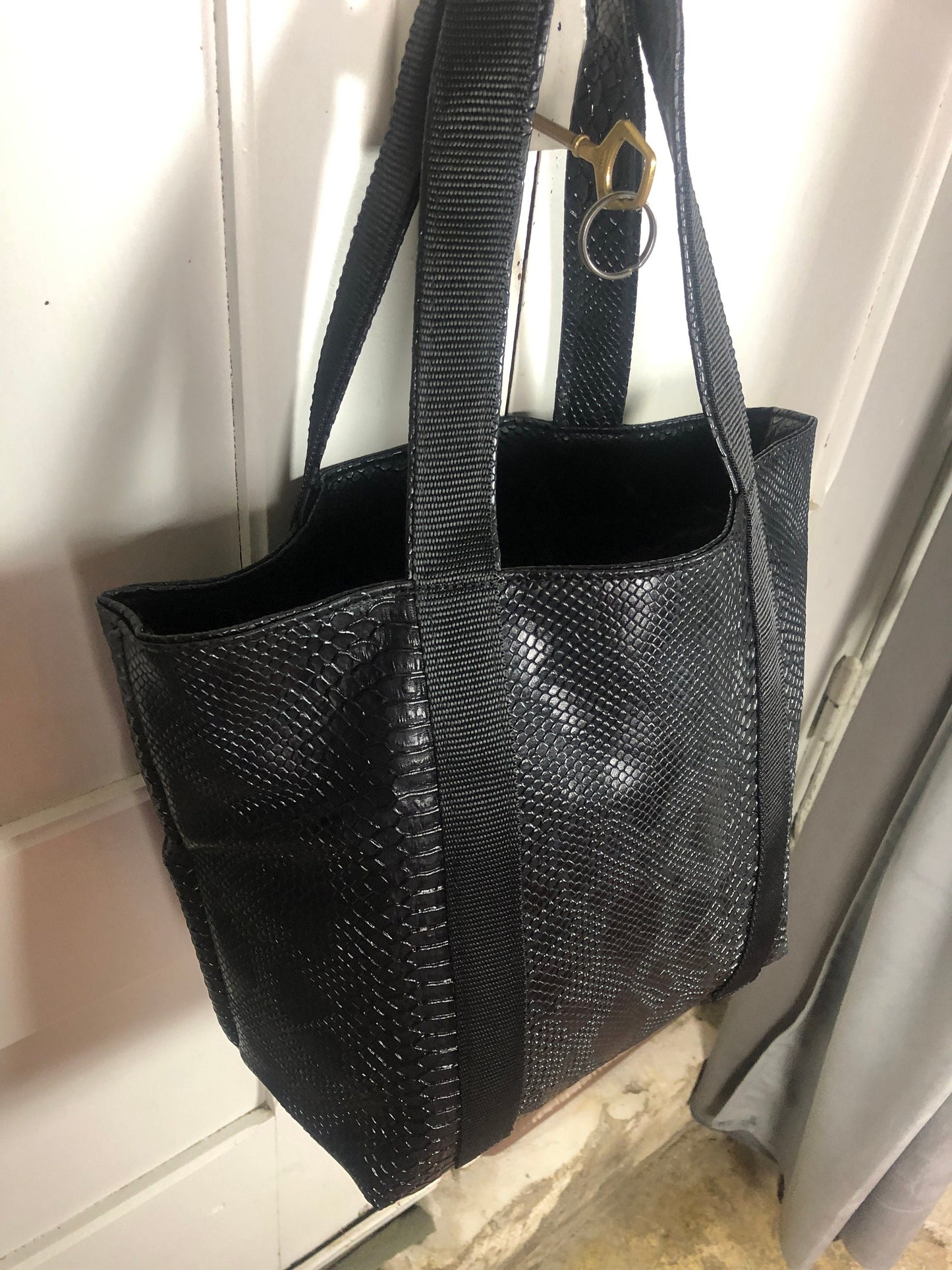 Black faux leather tote bag - faux snake leather tote bag