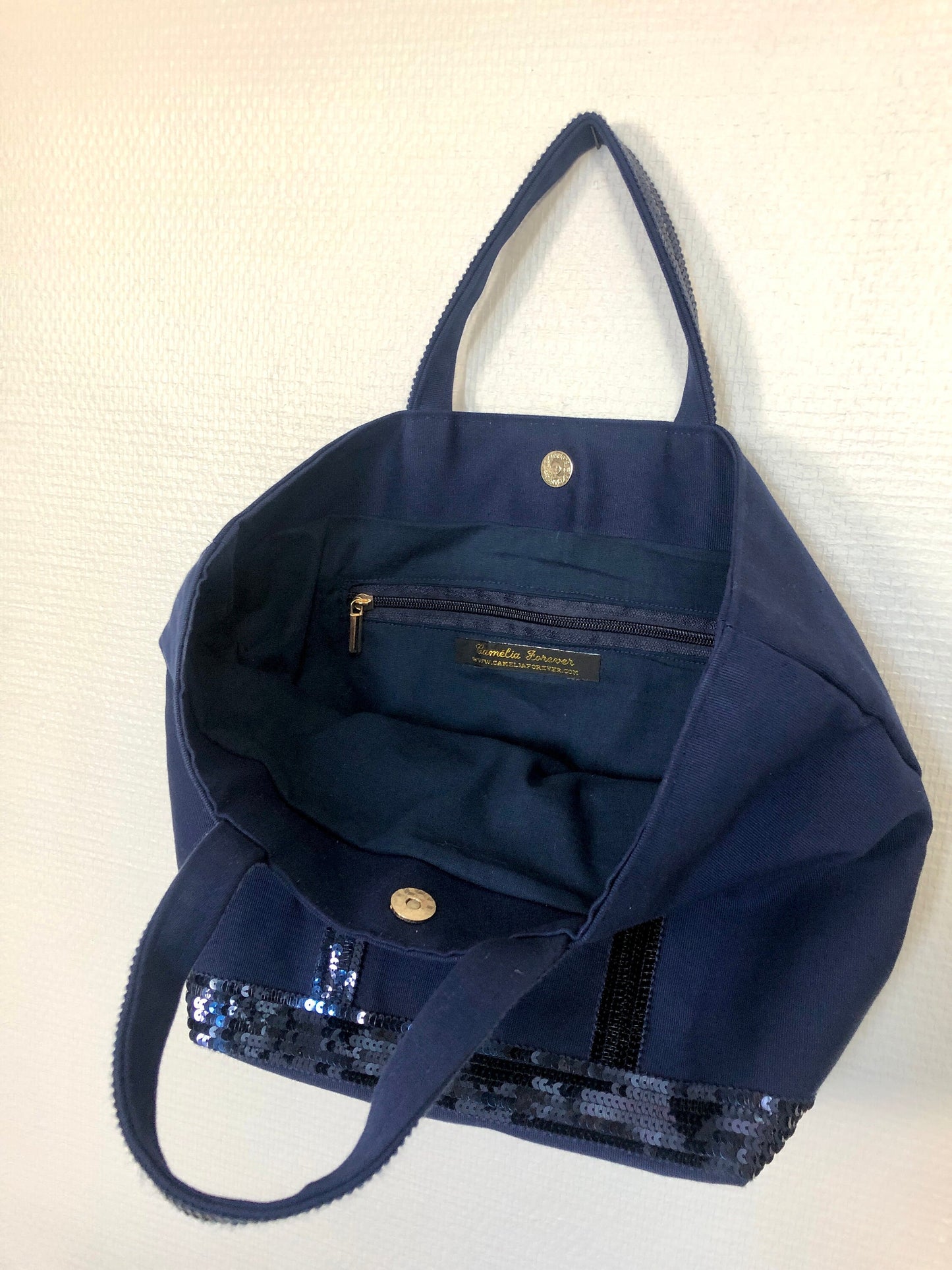 Navy coton sequin tote bag, handheld navy shopper, French chic sequin purse, Emilie in Paris style, Paris chic purse,