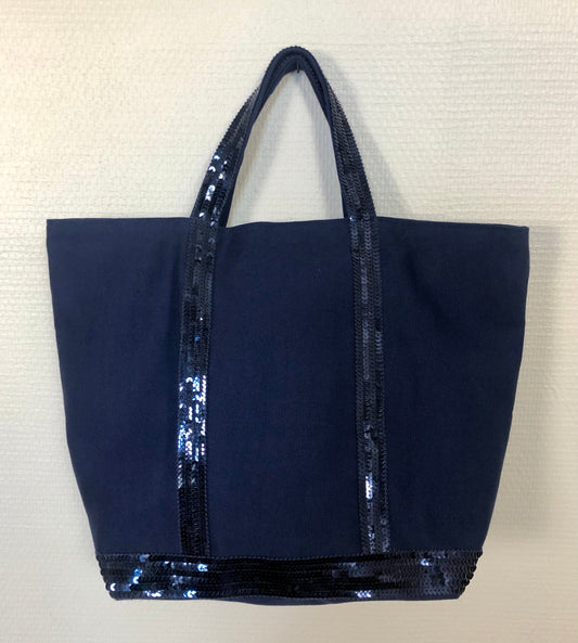 Navy coton sequin tote bag, handheld navy shopper, French chic sequin purse, Emilie in Paris style, Paris chic purse,