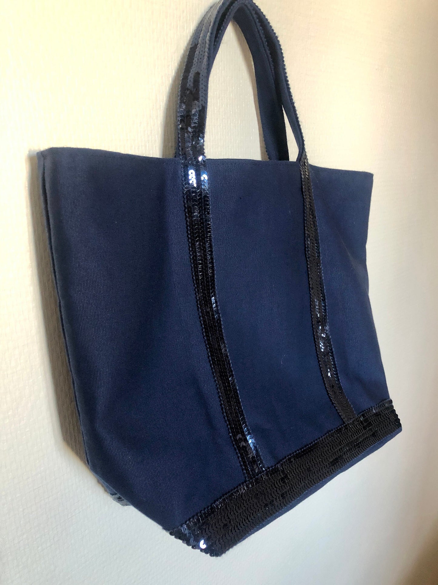 Navy coton sequin tote bag, handheld navy shopper, French chic sequin purse, Emilie in Paris style, Paris chic purse,