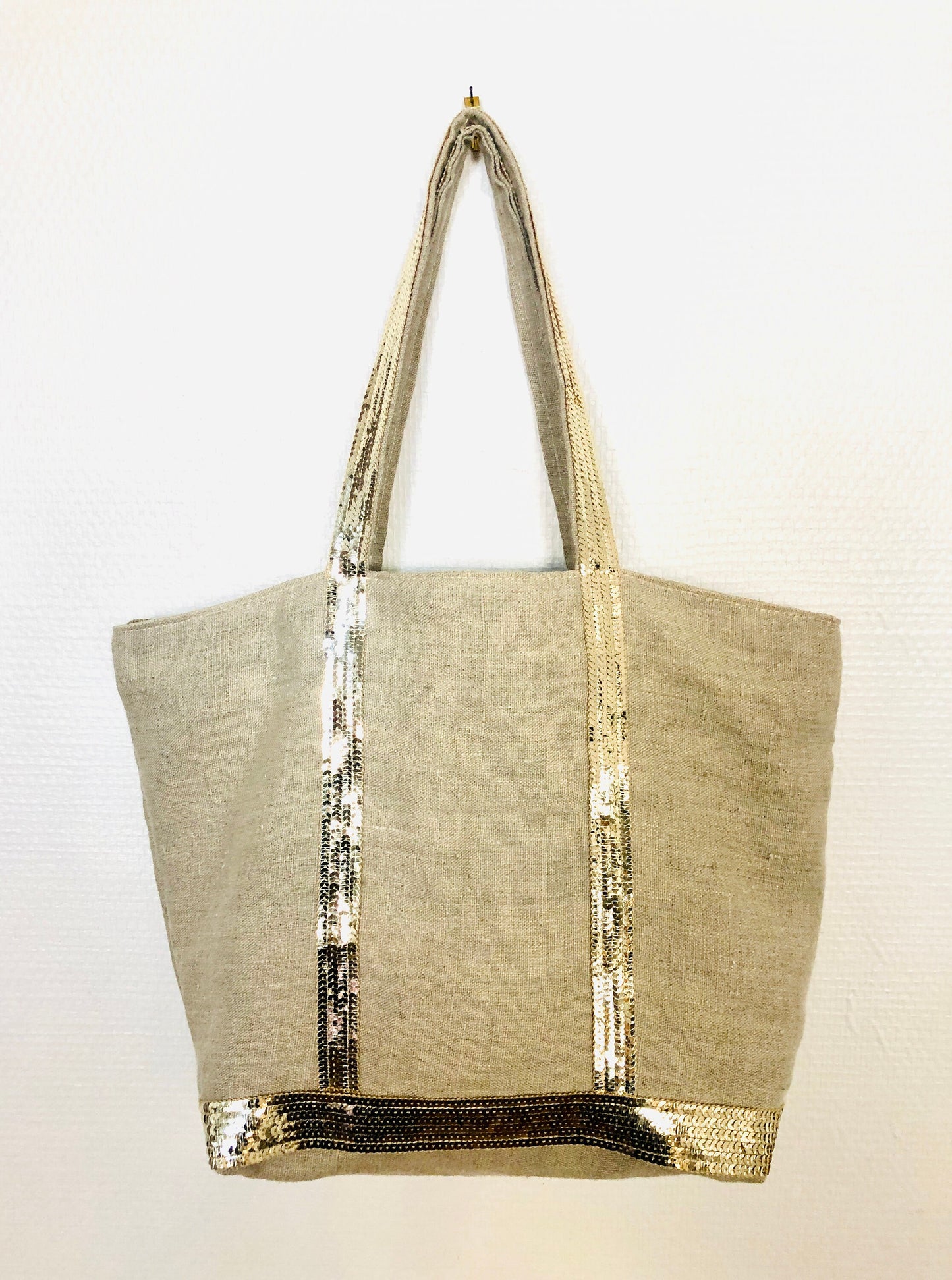 Washed linen tote bag with gold sequins