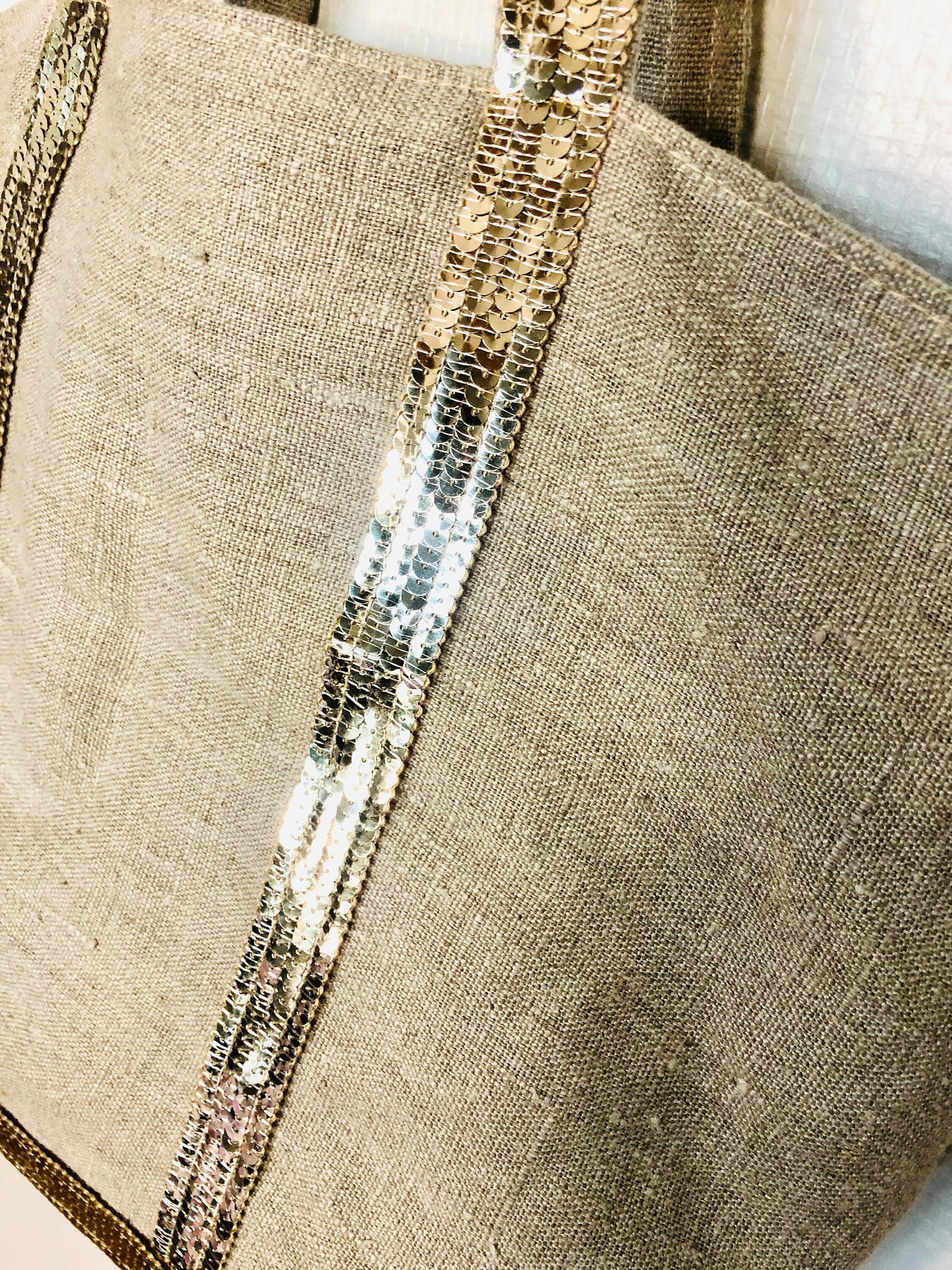 Washed linen tote bag with gold sequins