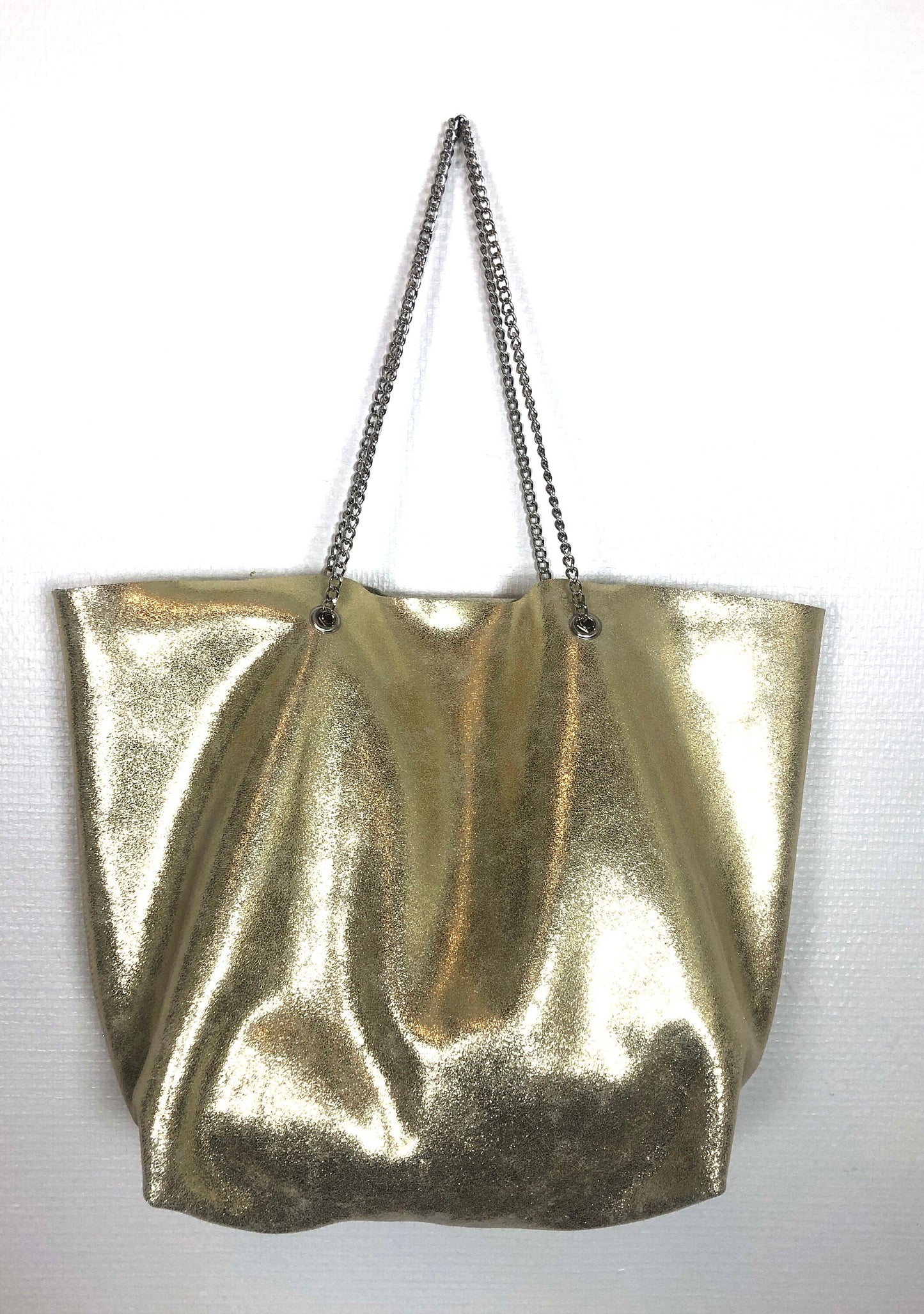 Soft silver leather tote bag with chain shoulder handles, slouchy leather tote bag, Italian leather tote bag, rock chic tote