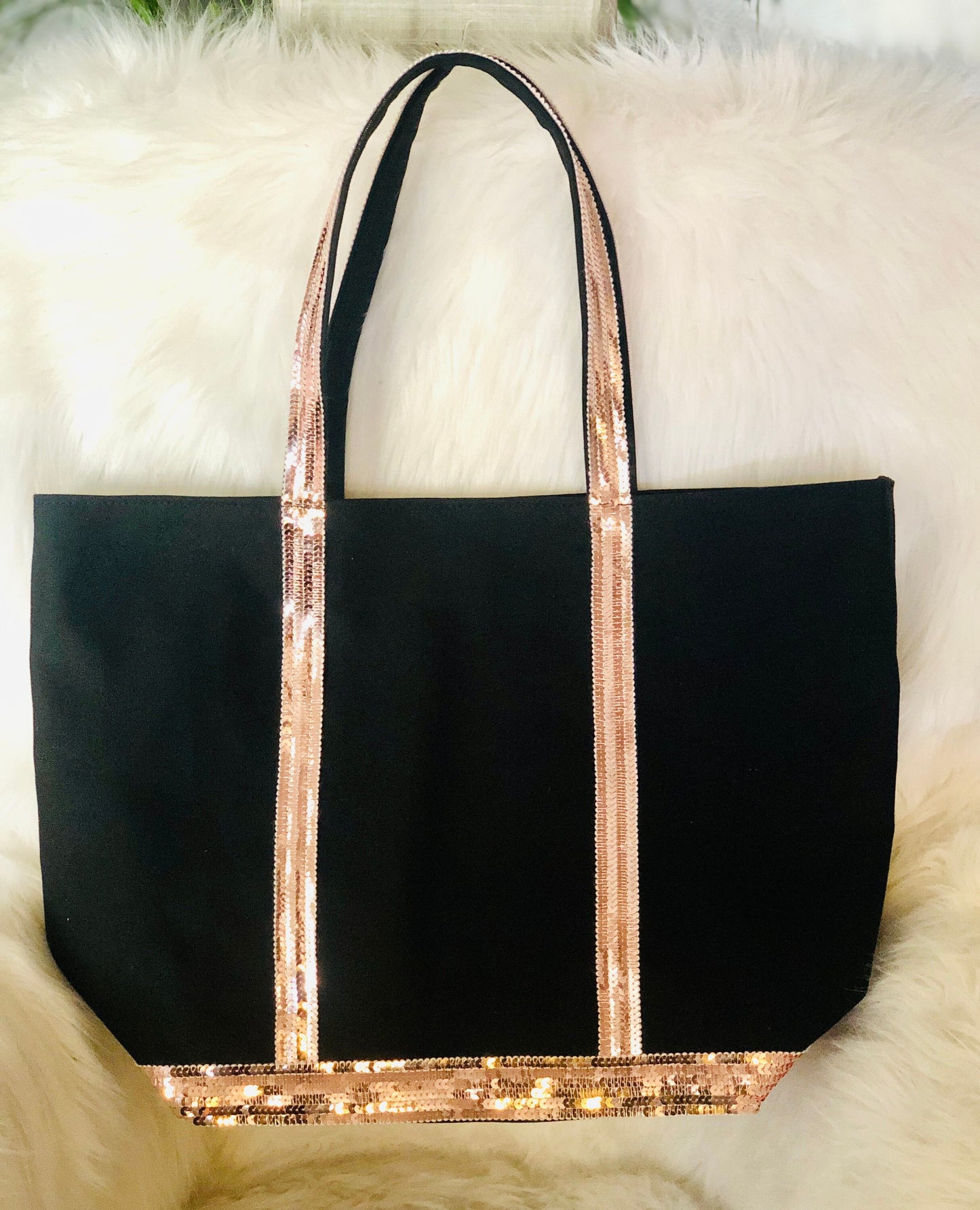 Black cotton canvas tote bag with pale pink sequins