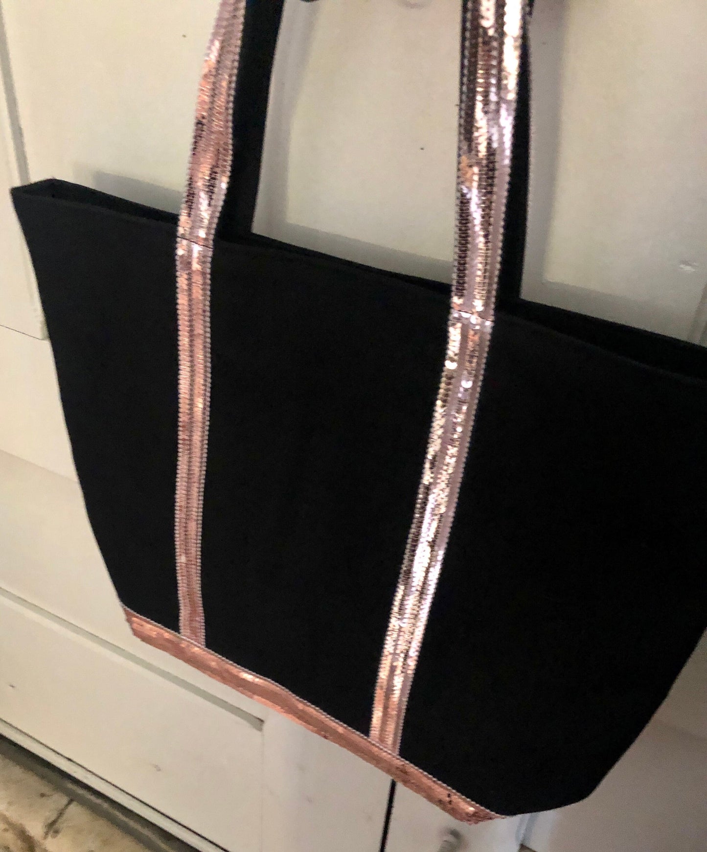 Sac cabas toile de coton noir paillettes rose pale